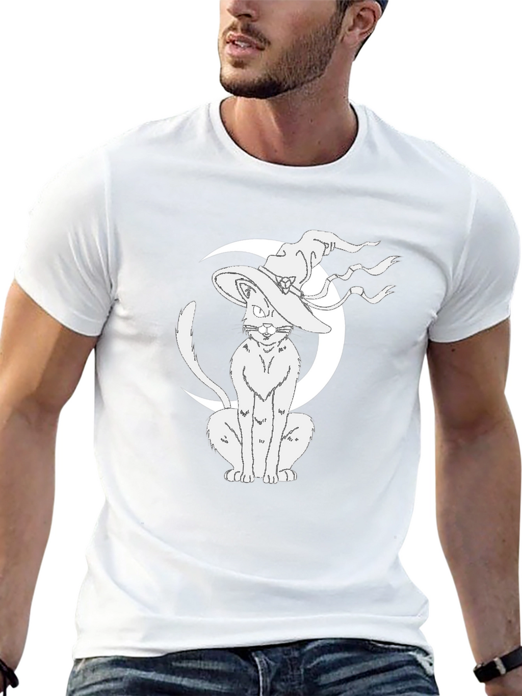 Witch Cat Moon Graphic Tee - Black Cotton T-Shirt