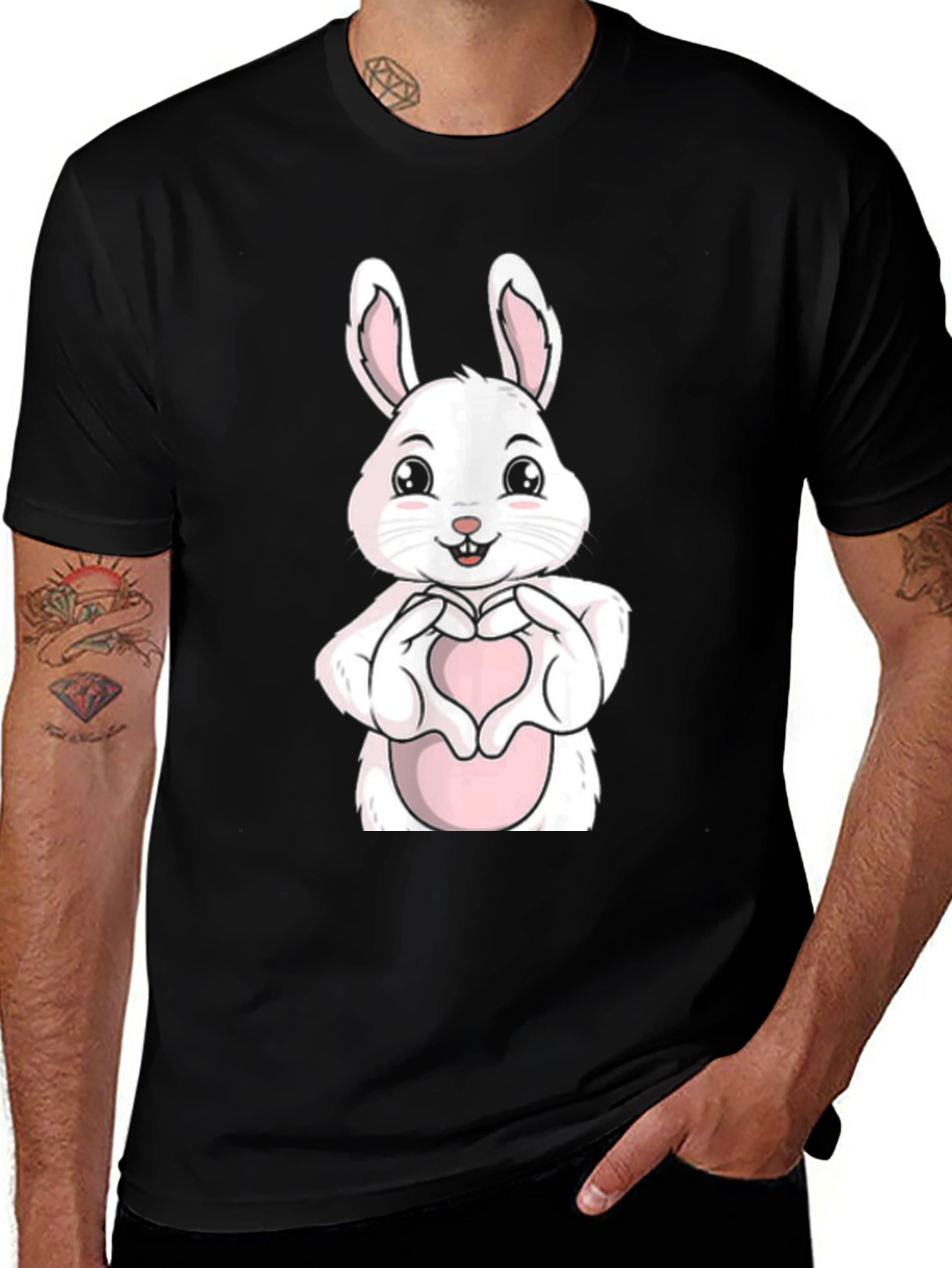 Cute Bunny Heart Hands Graphic Tee - Black