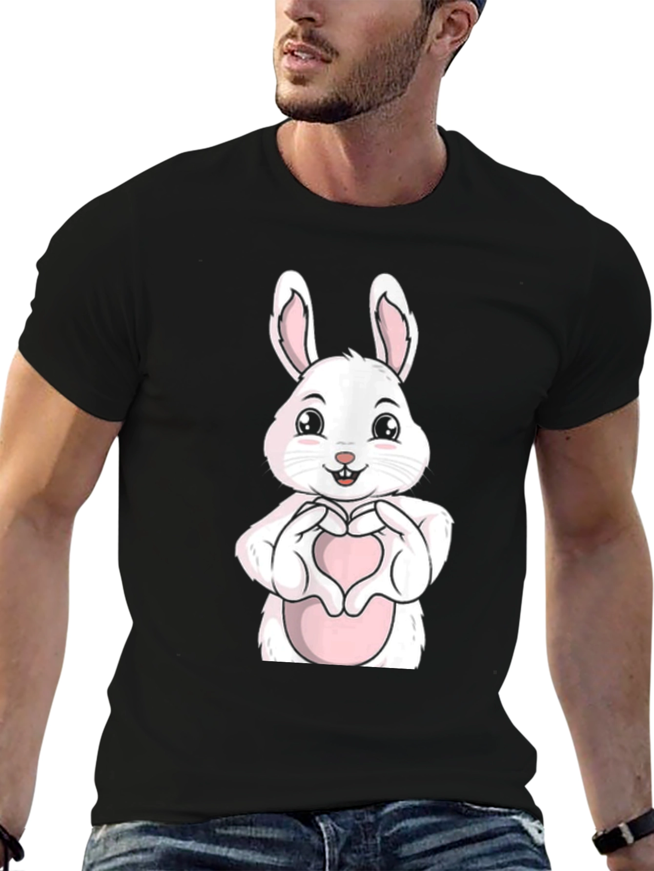 Cute Bunny Heart Hands Graphic Tee - Black