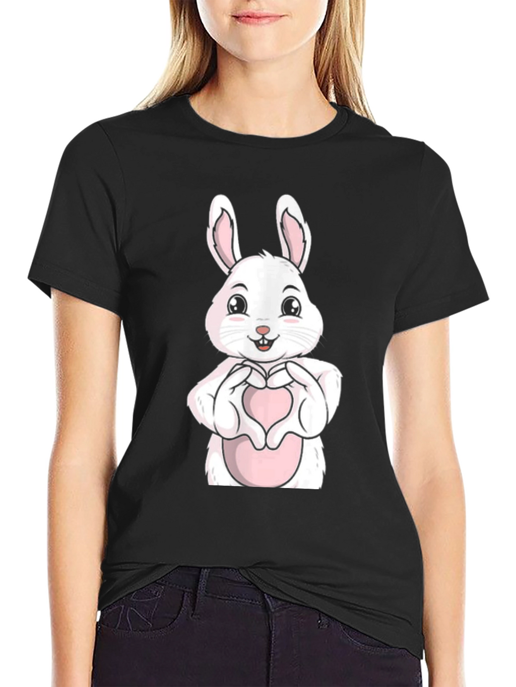 Cute Bunny Heart Hands Graphic Tee - Black