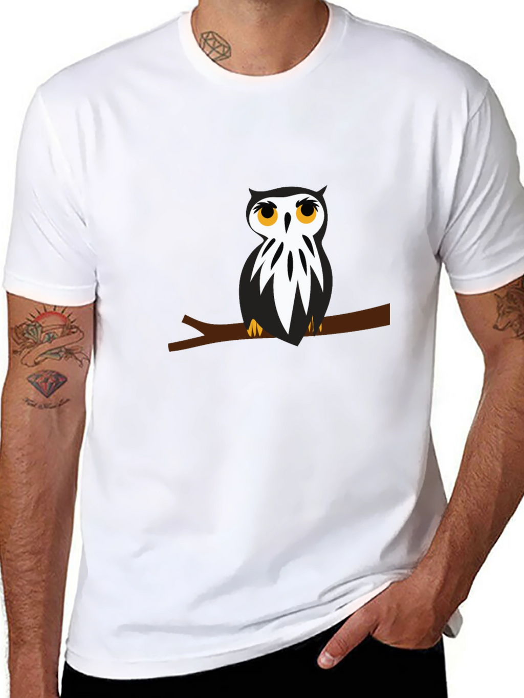 Black T-Shirt with Owl on Branch Graphic