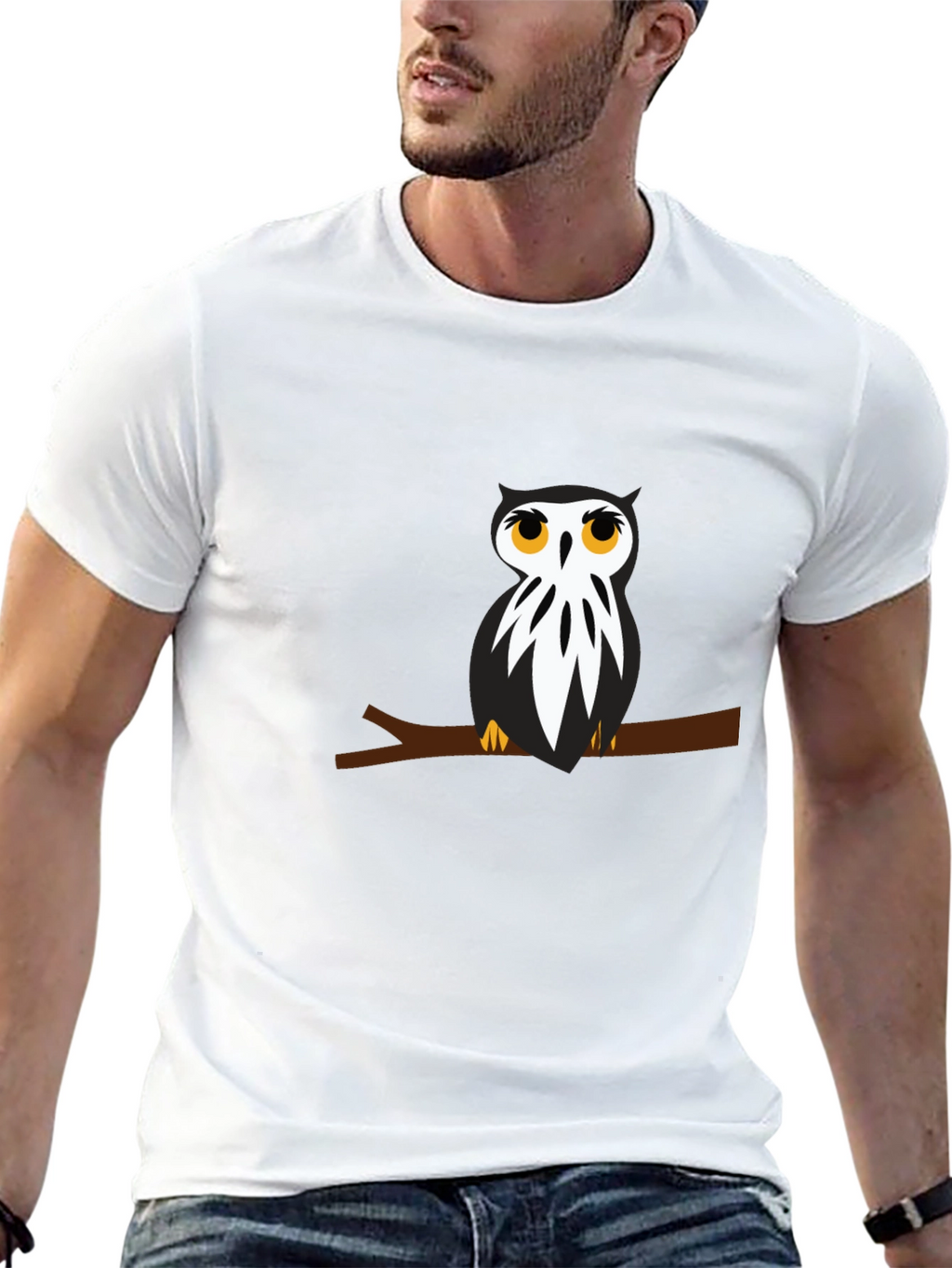 Black T-Shirt with Owl on Branch Graphic