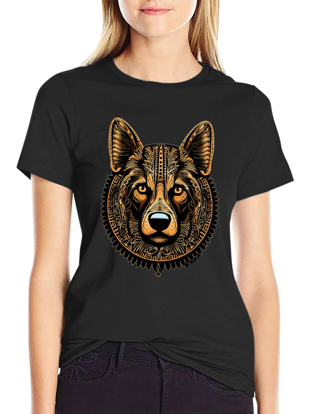 Tribal Wolf Graphic Black Tee