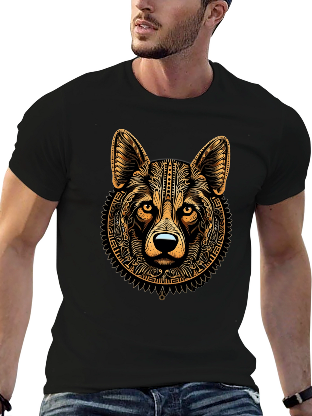 Tribal Wolf Graphic Black Tee