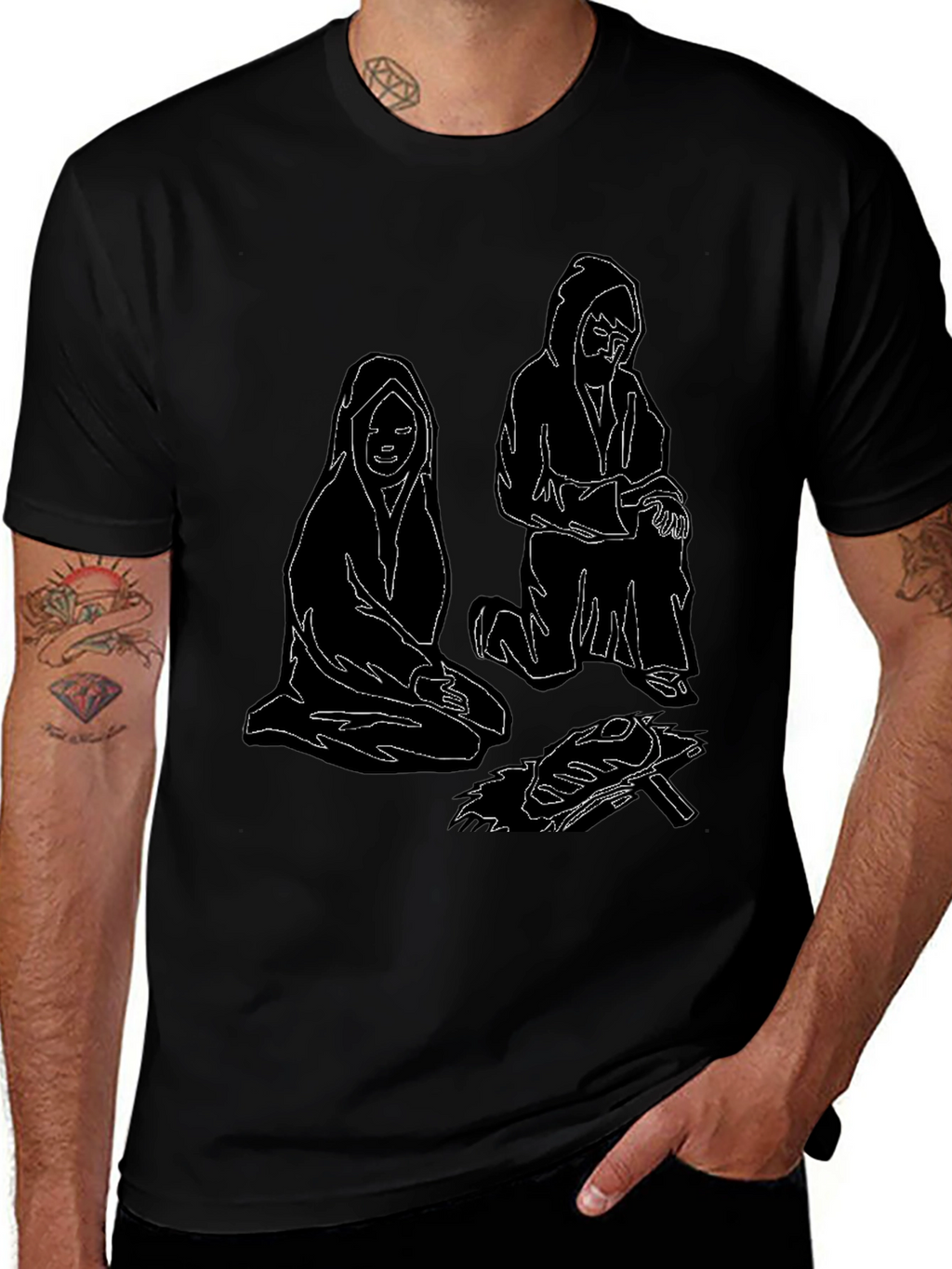 Unique Black T-Shirt with Illustrated Figures by Fire