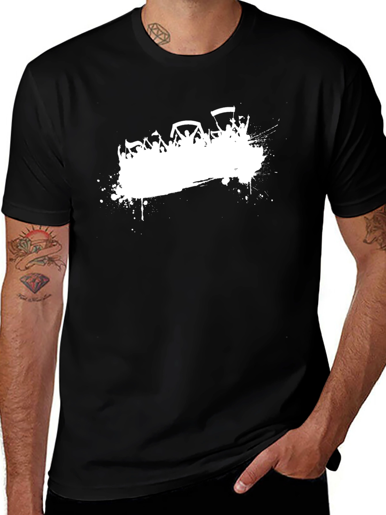 Mens Black Graphic Tee - White Crowd Print