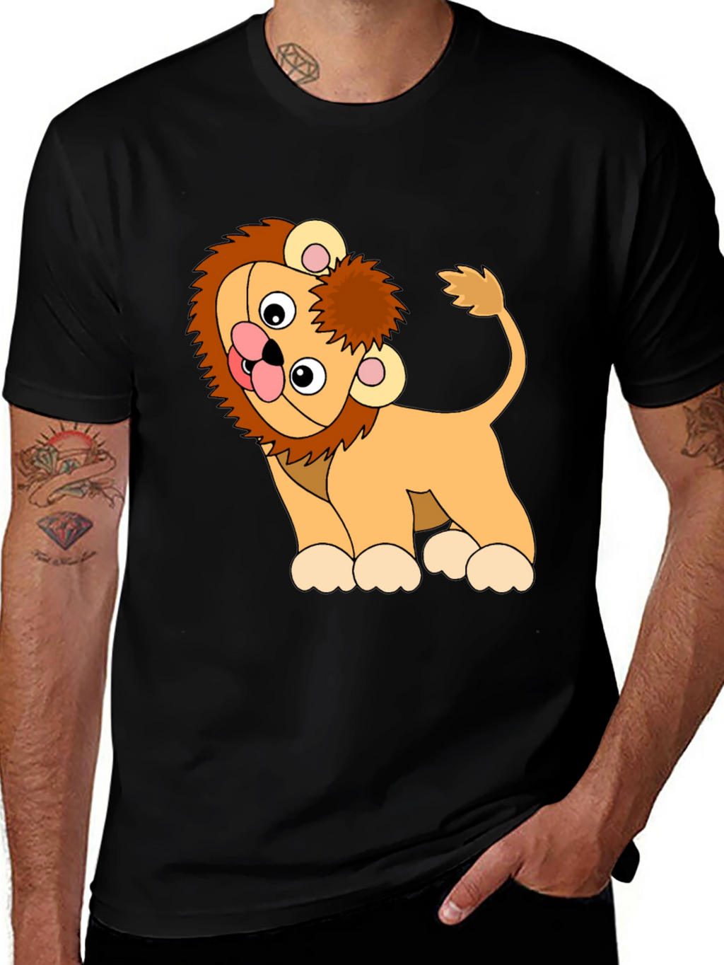 Cute Cartoon Lion Black T-Shirt