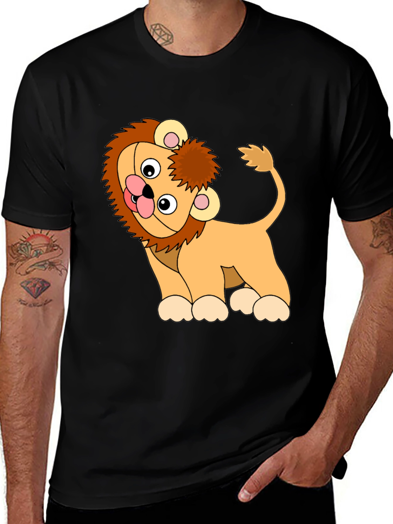 Cute Cartoon Lion Black T-Shirt