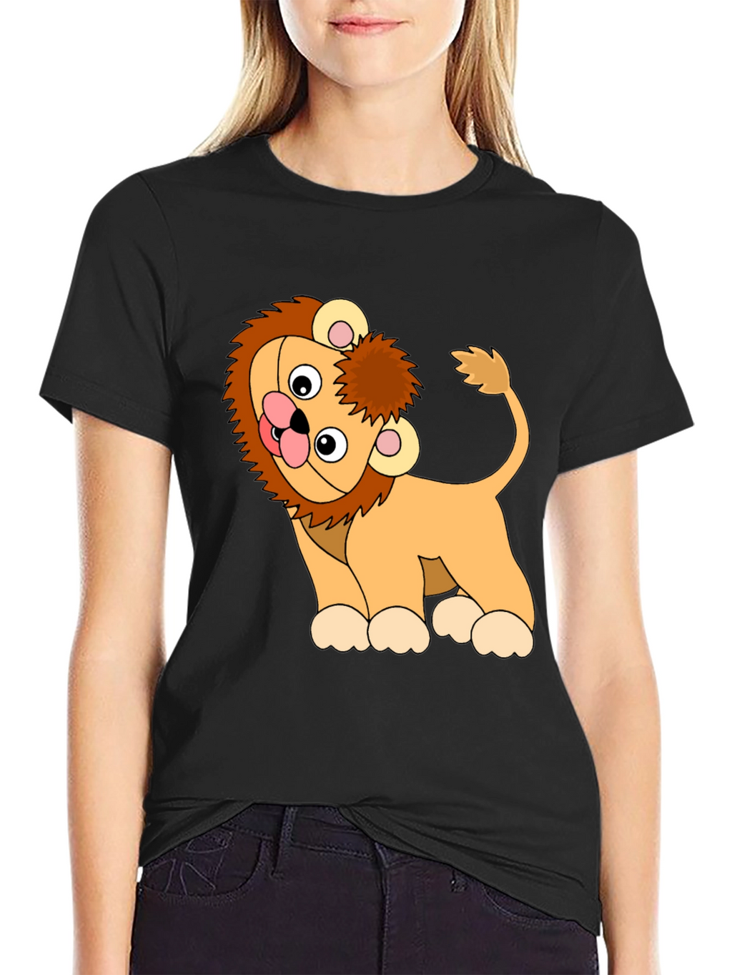 Cute Cartoon Lion Black T-Shirt