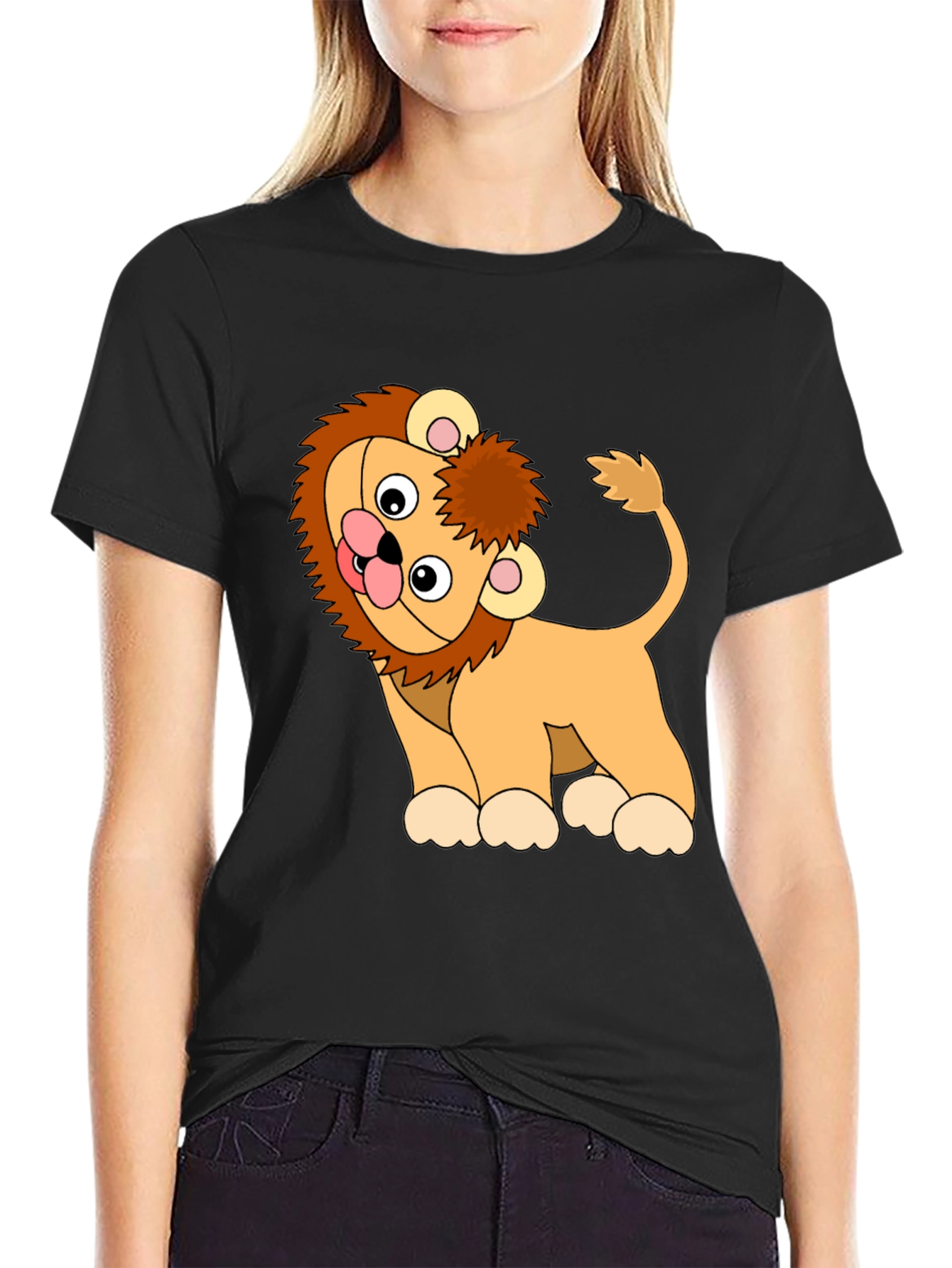 Cute Cartoon Lion Black T-Shirt