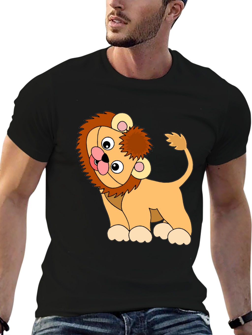 Cute Cartoon Lion Black T-Shirt
