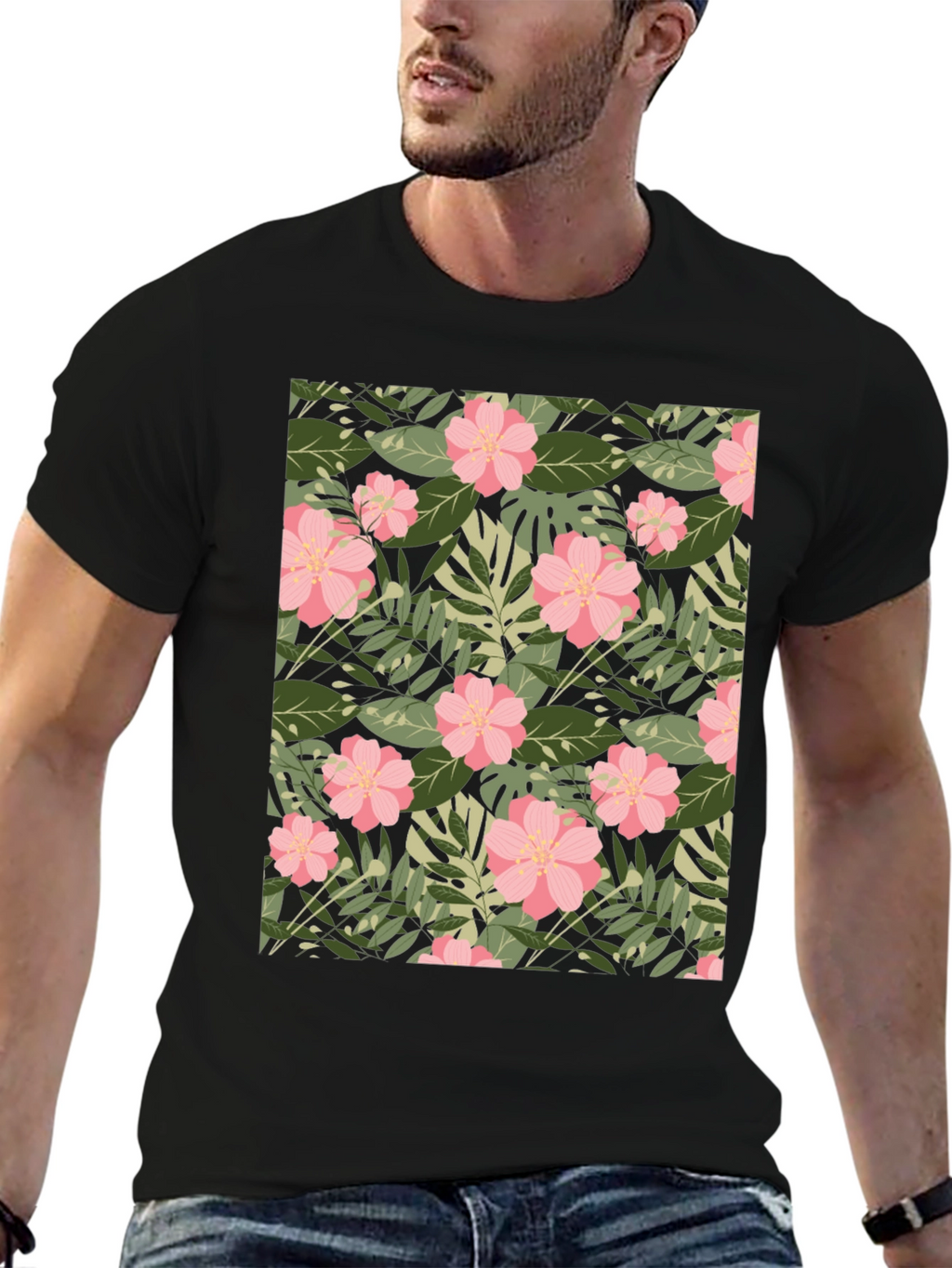 Tropical Floral Print Black T-Shirt