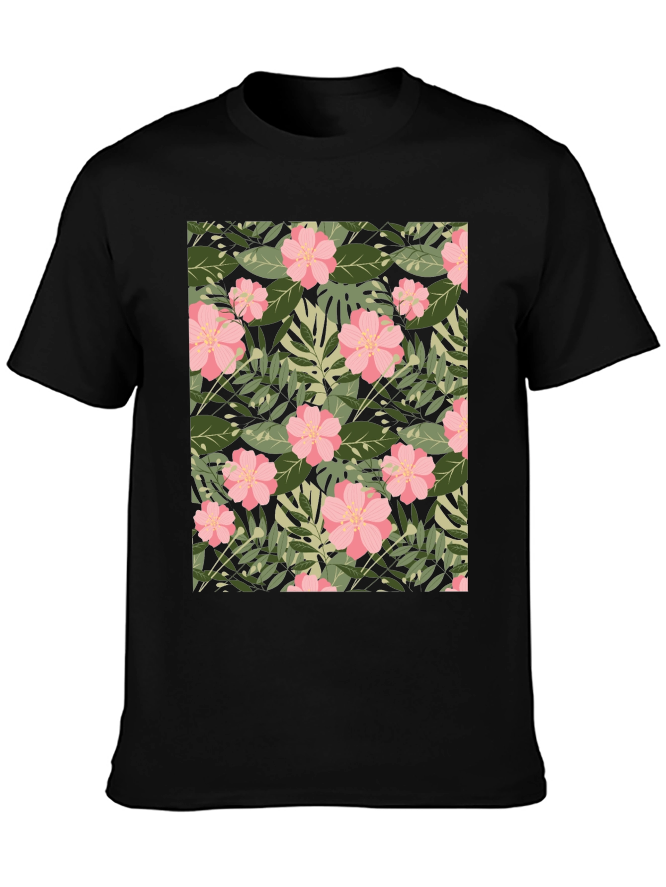Tropical Floral Print Black T-Shirt