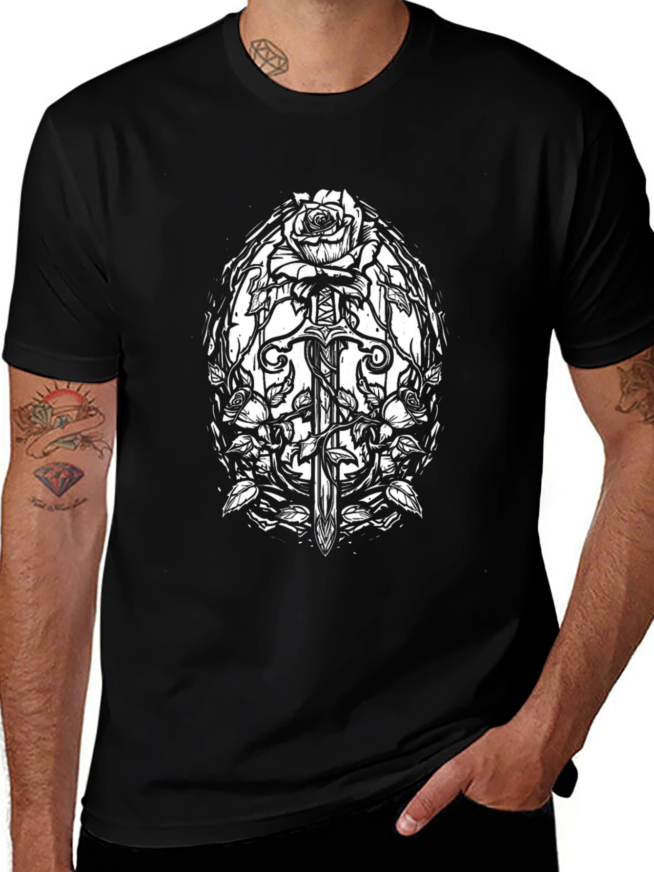 Black T-Shirt with Sword and Roses Graphic
