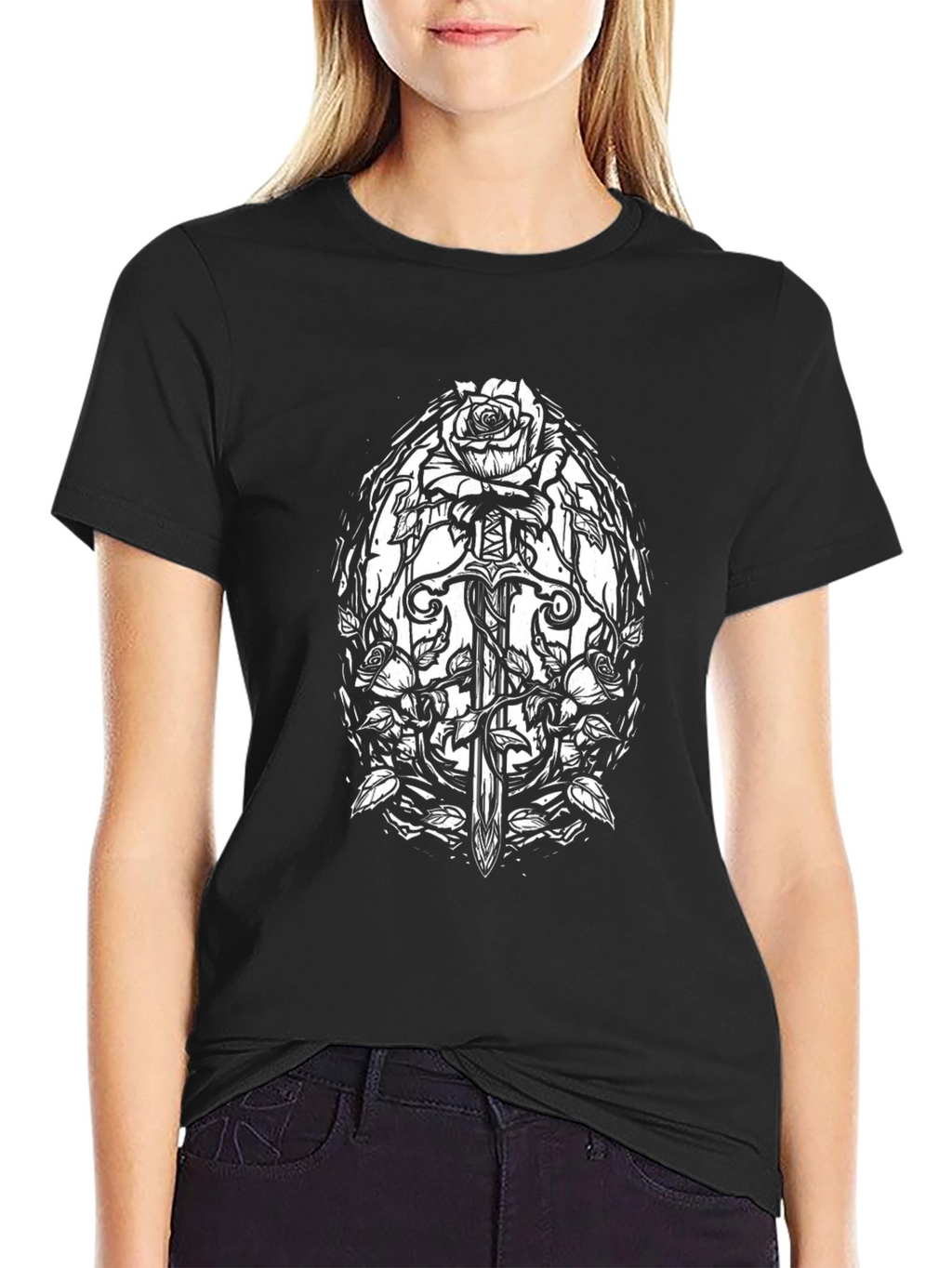 Black T-Shirt with Sword and Roses Graphic