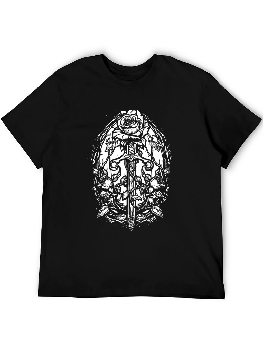 Black T-Shirt with Sword and Roses Graphic