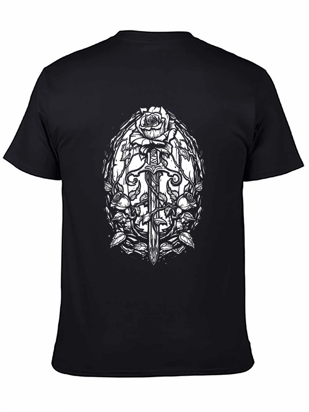 Black T-Shirt with Sword and Roses Graphic