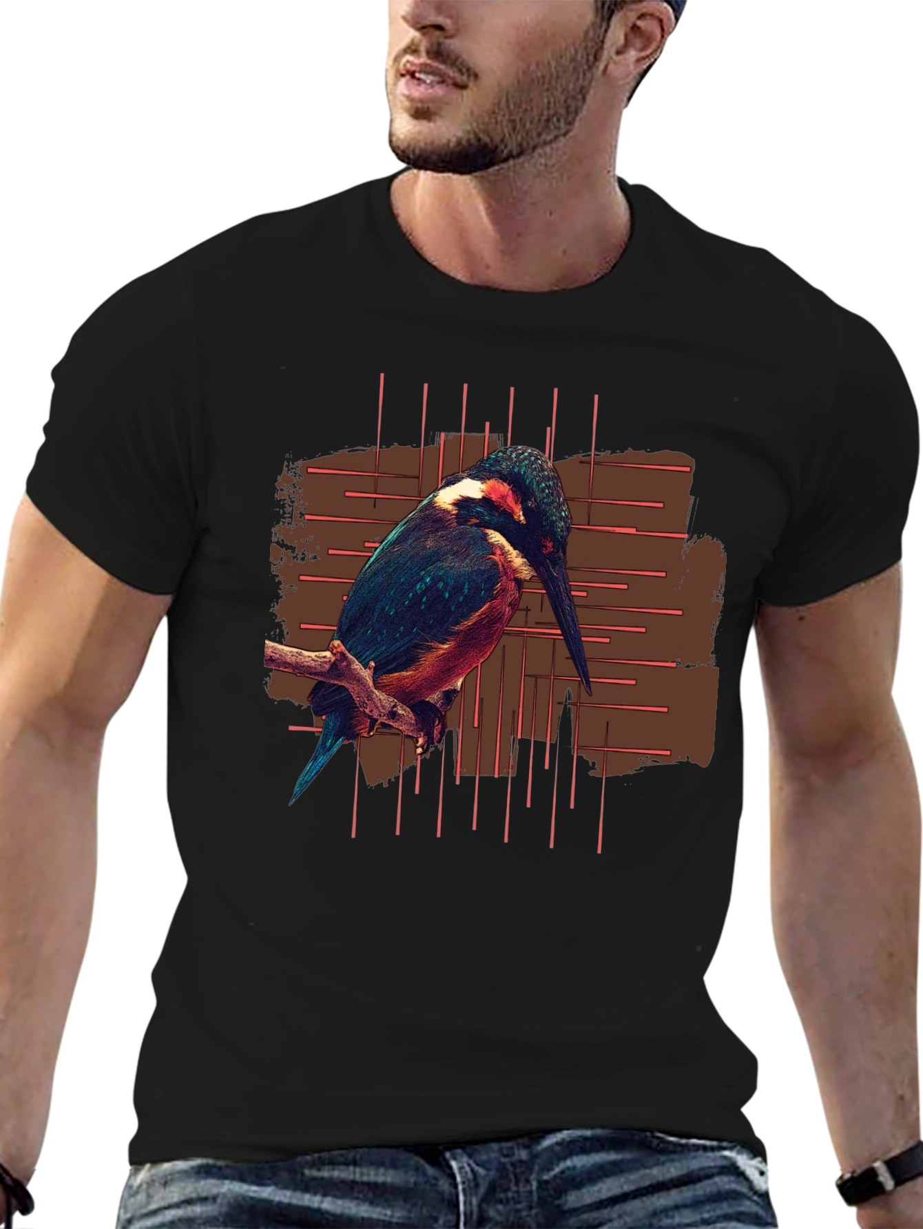Kingfisher Bird Graphic Print Black T-Shirt