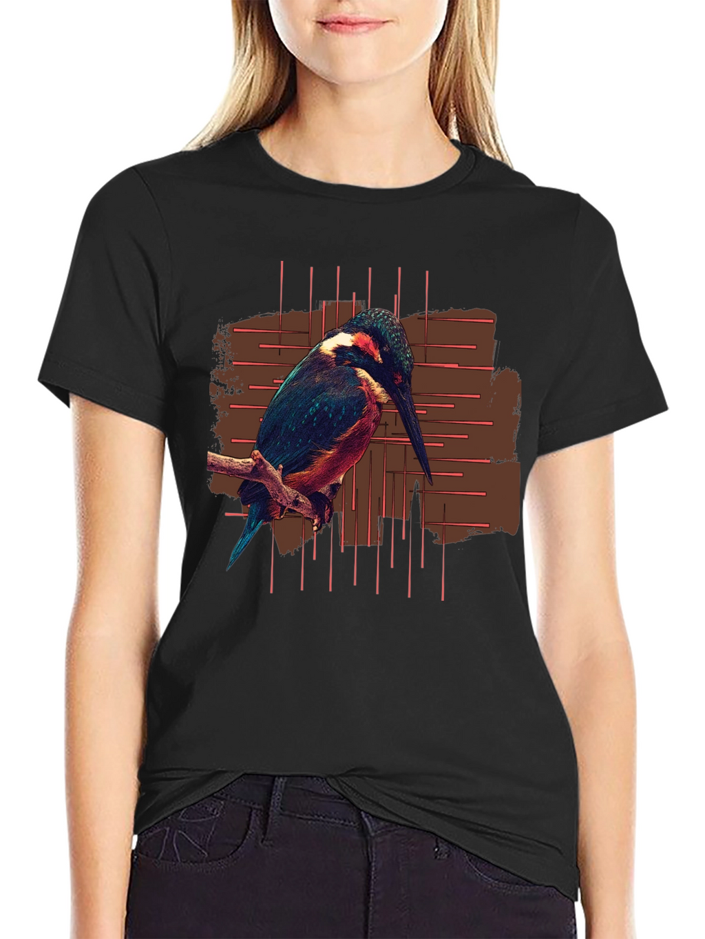 Kingfisher Bird Graphic Print Black T-Shirt