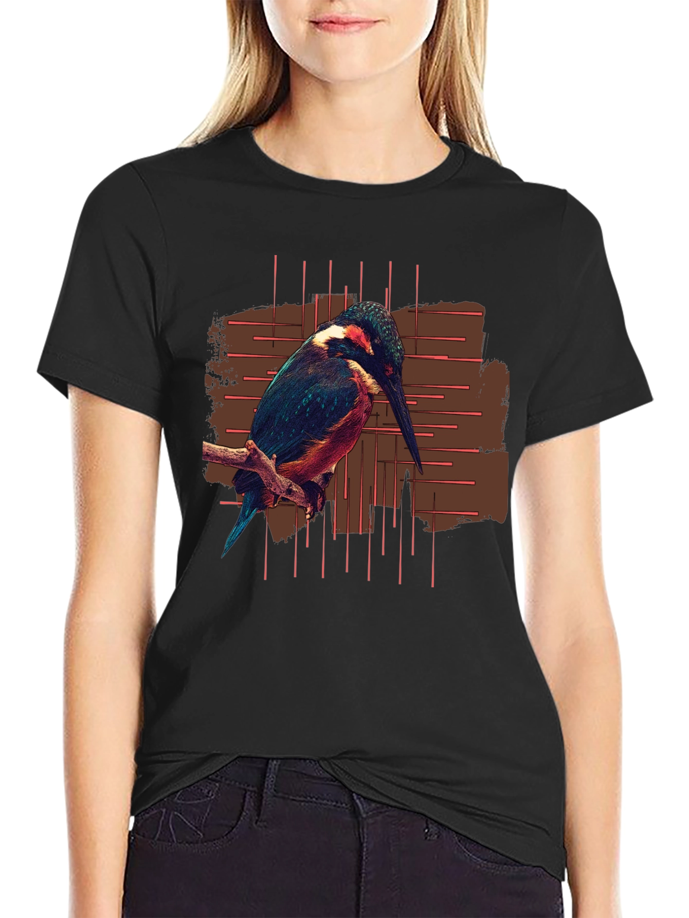 Kingfisher Bird Graphic Print Black T-Shirt