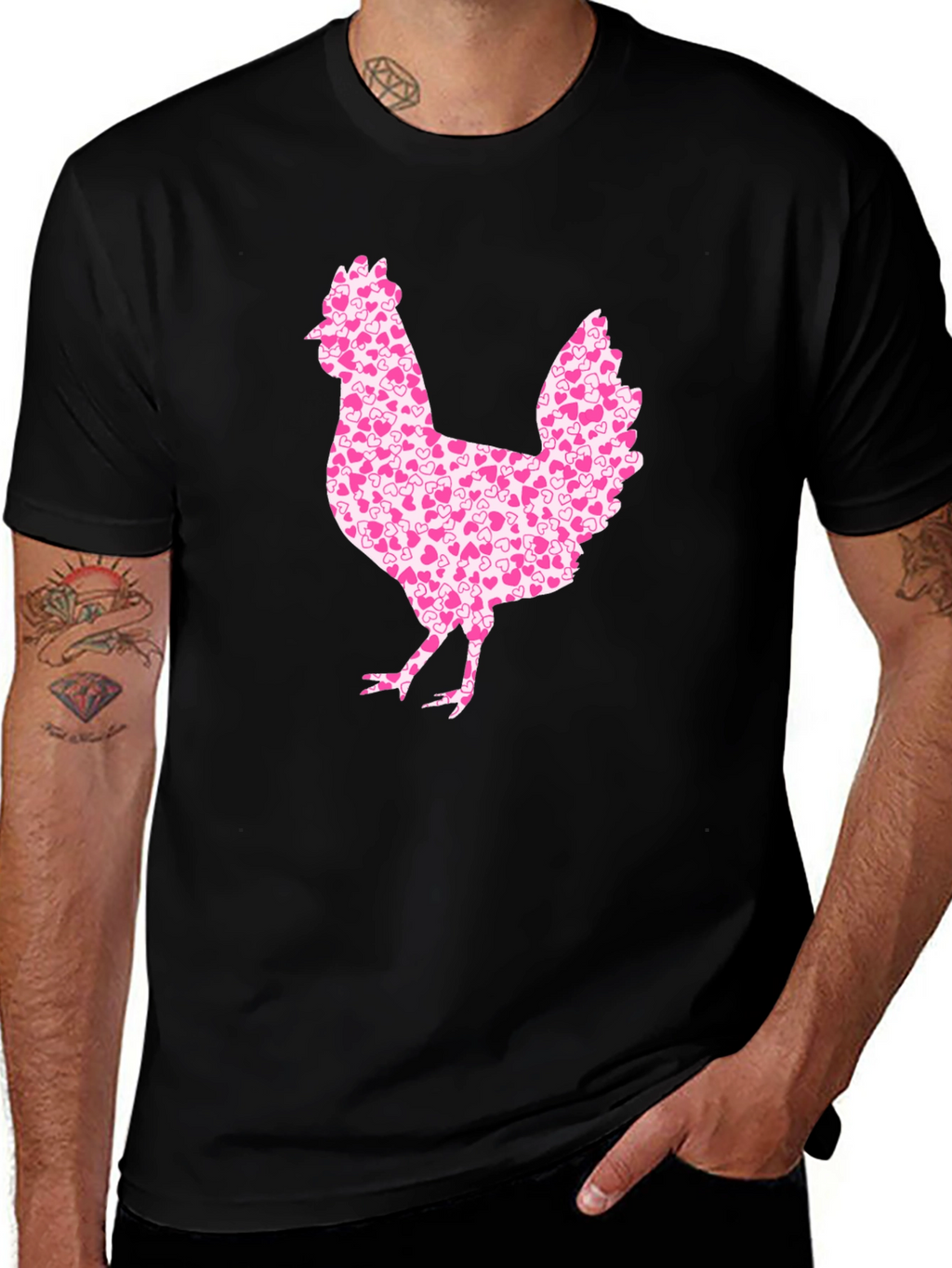 Chicken Heart Pattern Mens Black T-Shirt