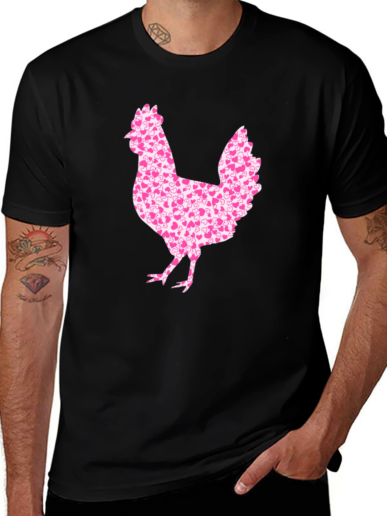 Chicken Heart Pattern Mens Black T-Shirt