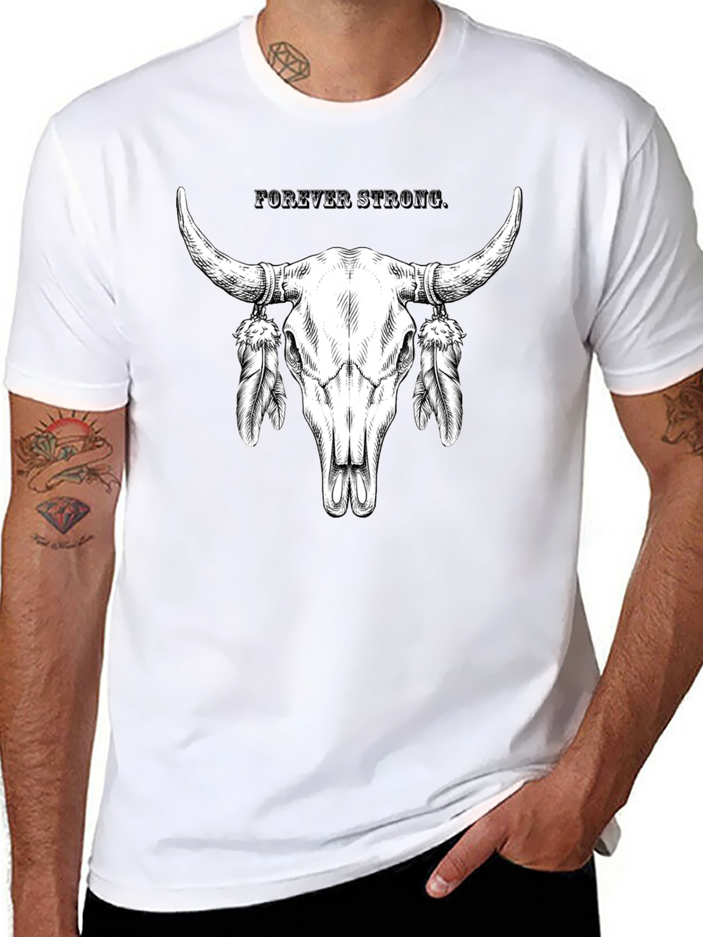 Forever Strong Bull Skull Feather Graphic Tee