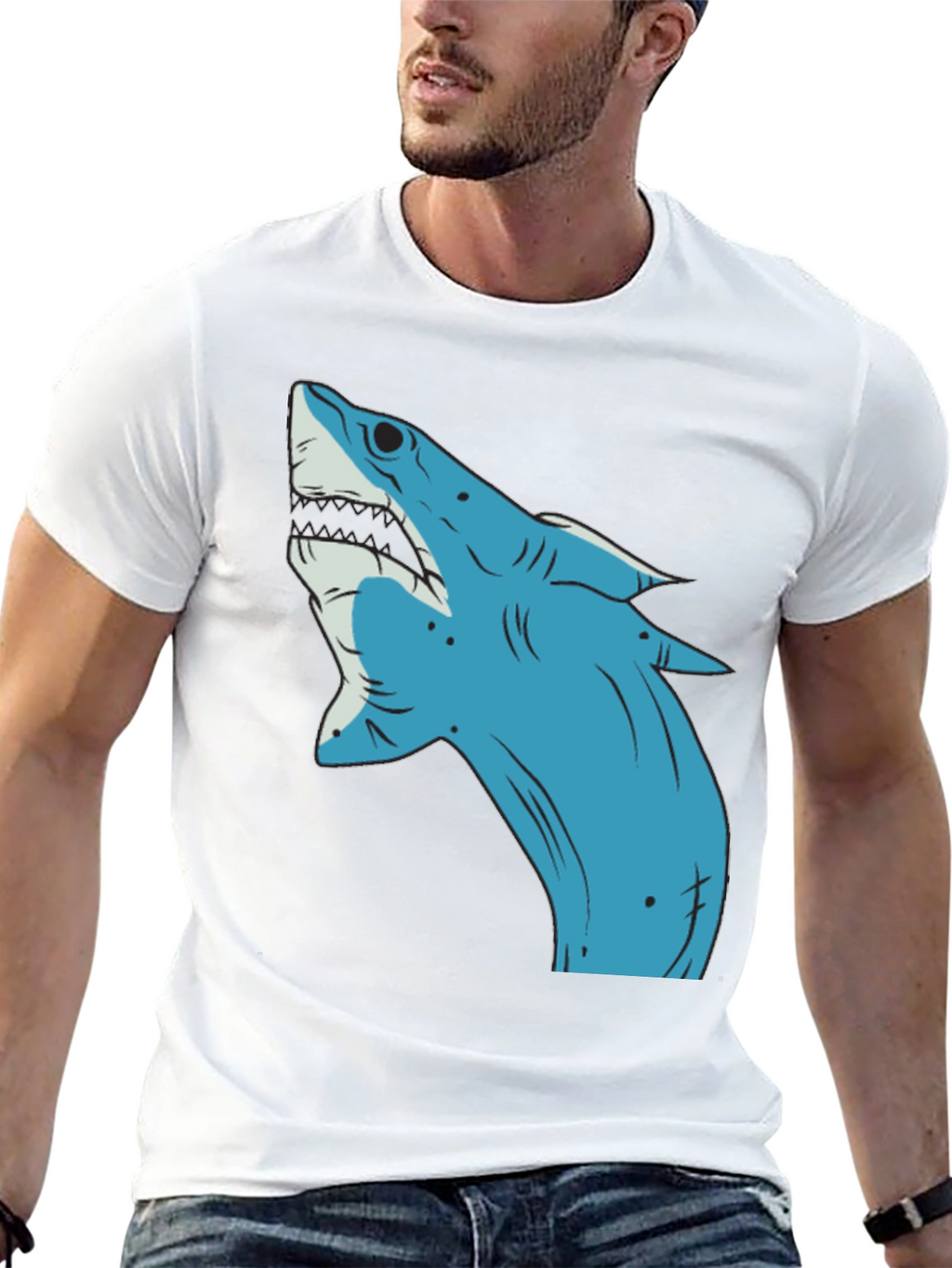 Blue Shark Graphic Print Black T-Shirt