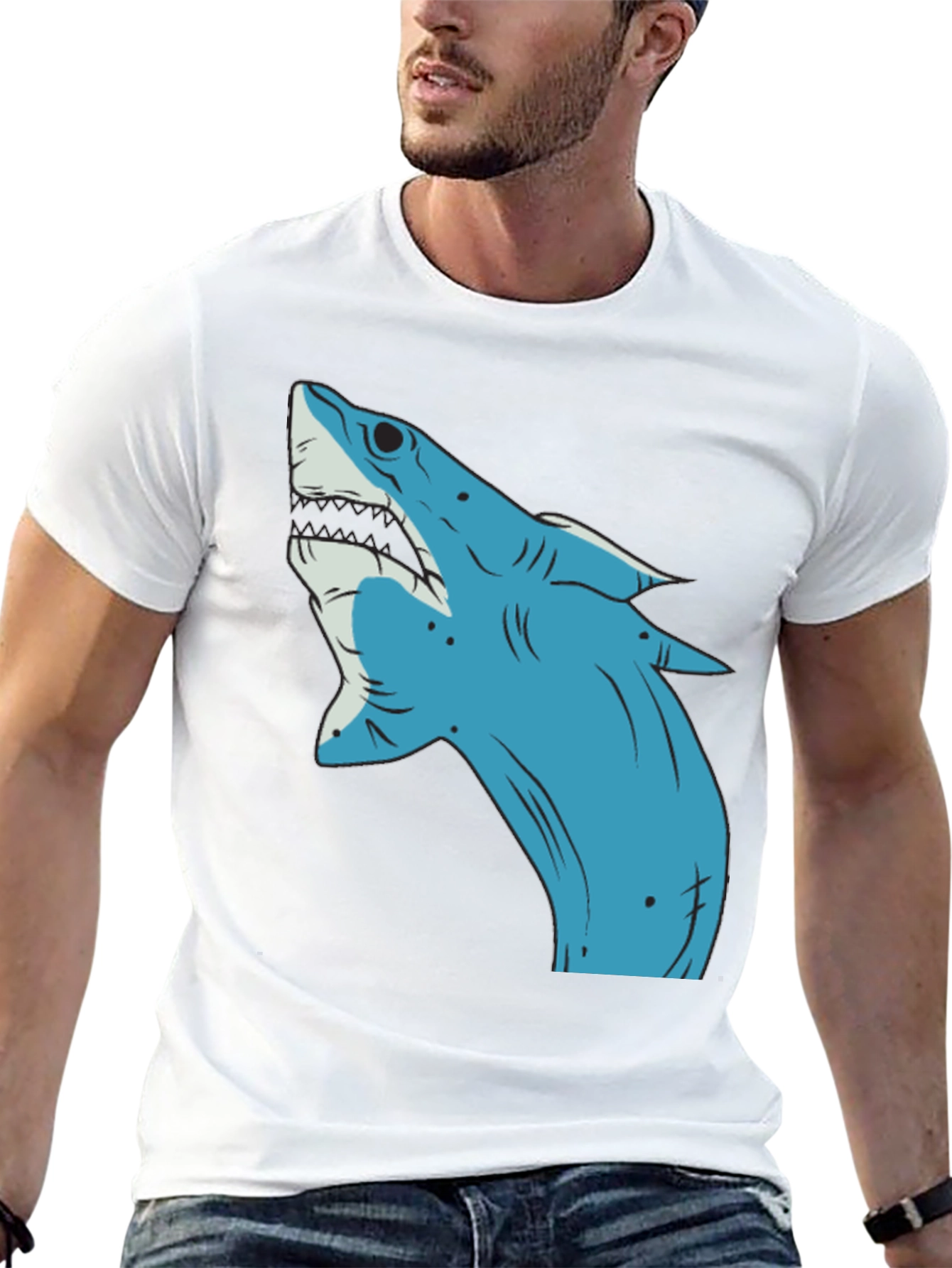 Blue Shark Graphic Print Black T-Shirt