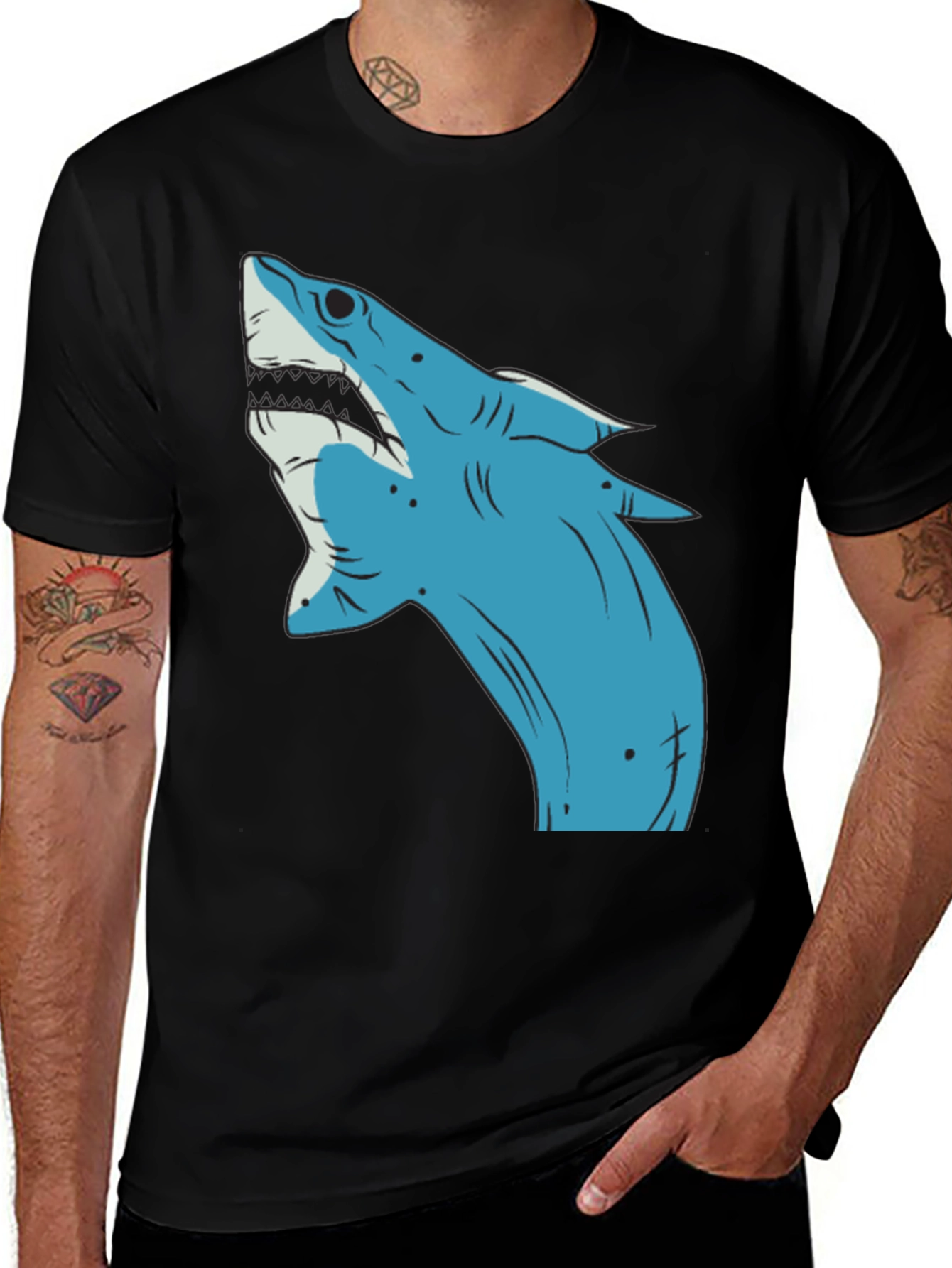 Blue Shark Graphic Print Black T-Shirt