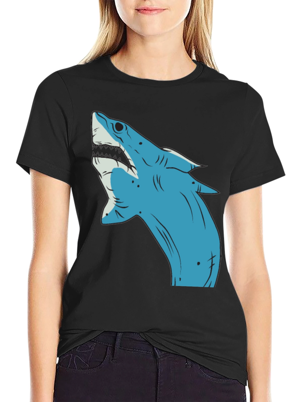 Blue Shark Graphic Print Black T-Shirt