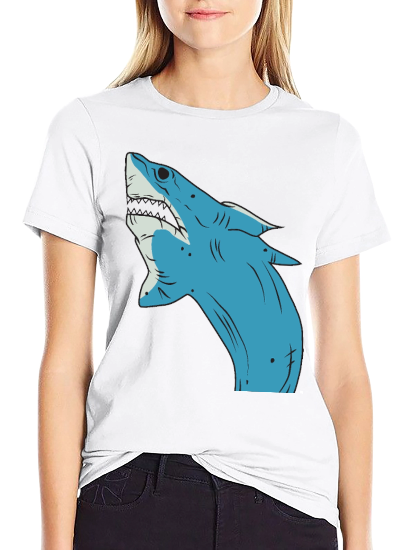 Blue Shark Graphic Print Black T-Shirt