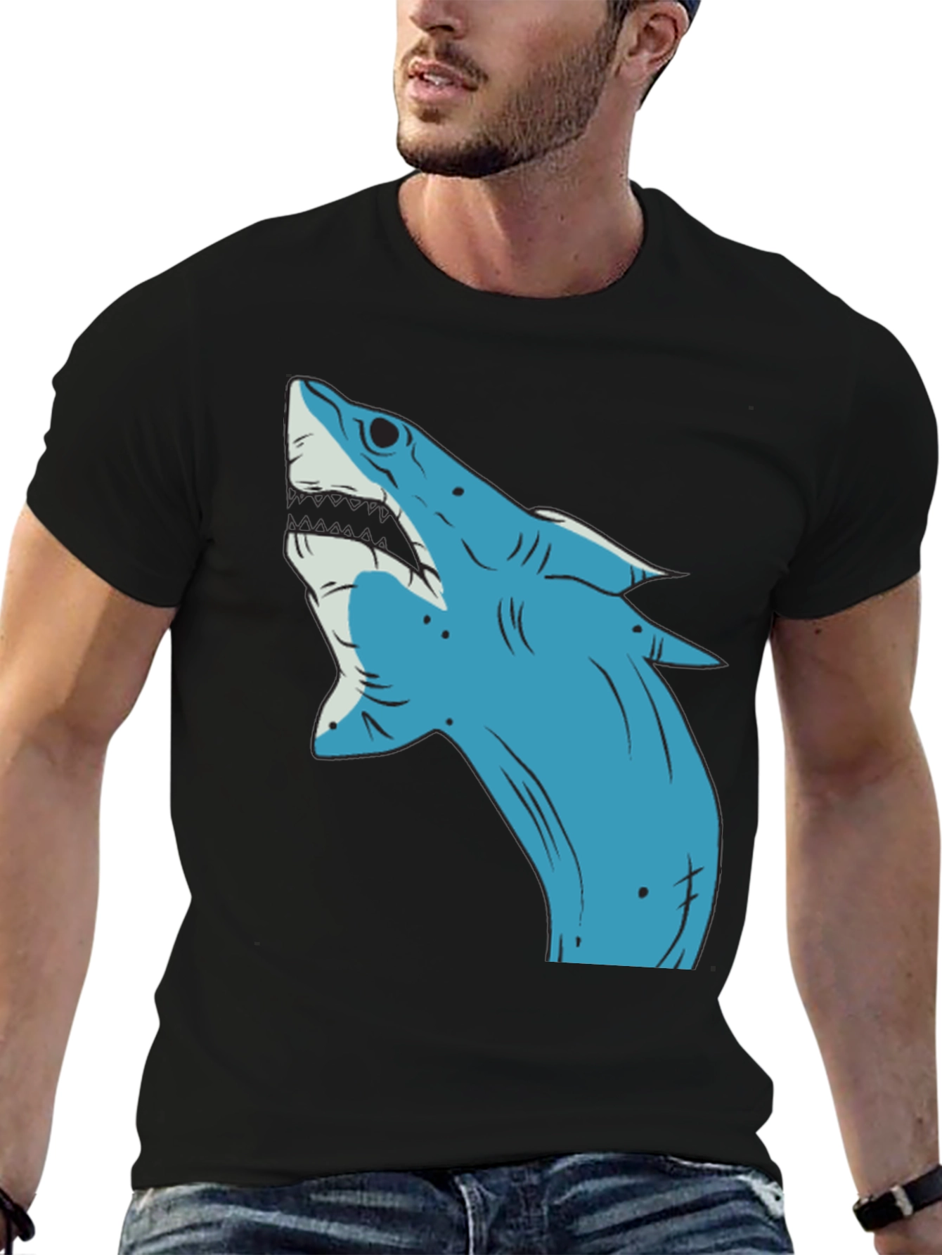 Blue Shark Graphic Print Black T-Shirt