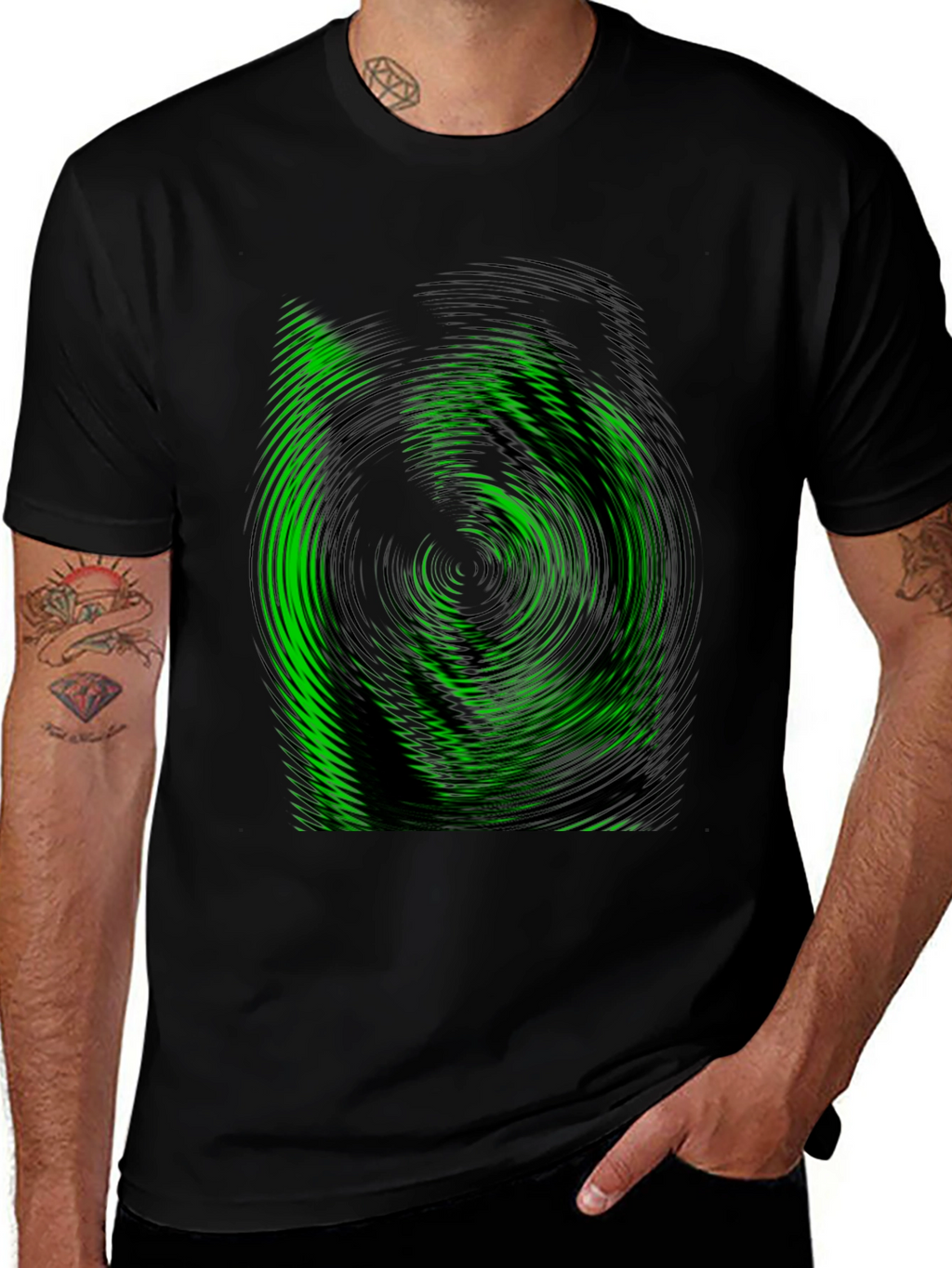 Green Vortex Graphic Black T-Shirt