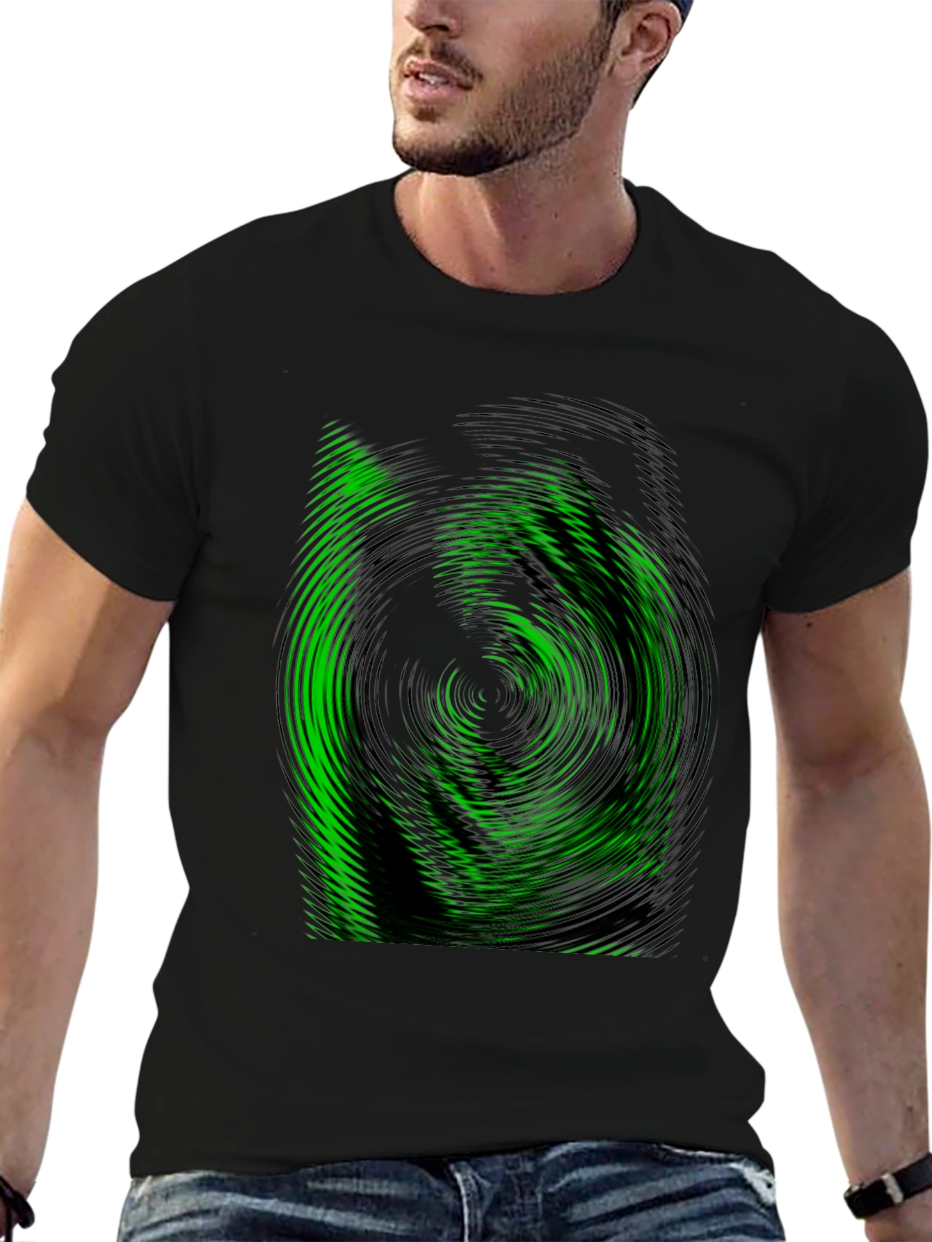 Green Vortex Graphic Black T-Shirt