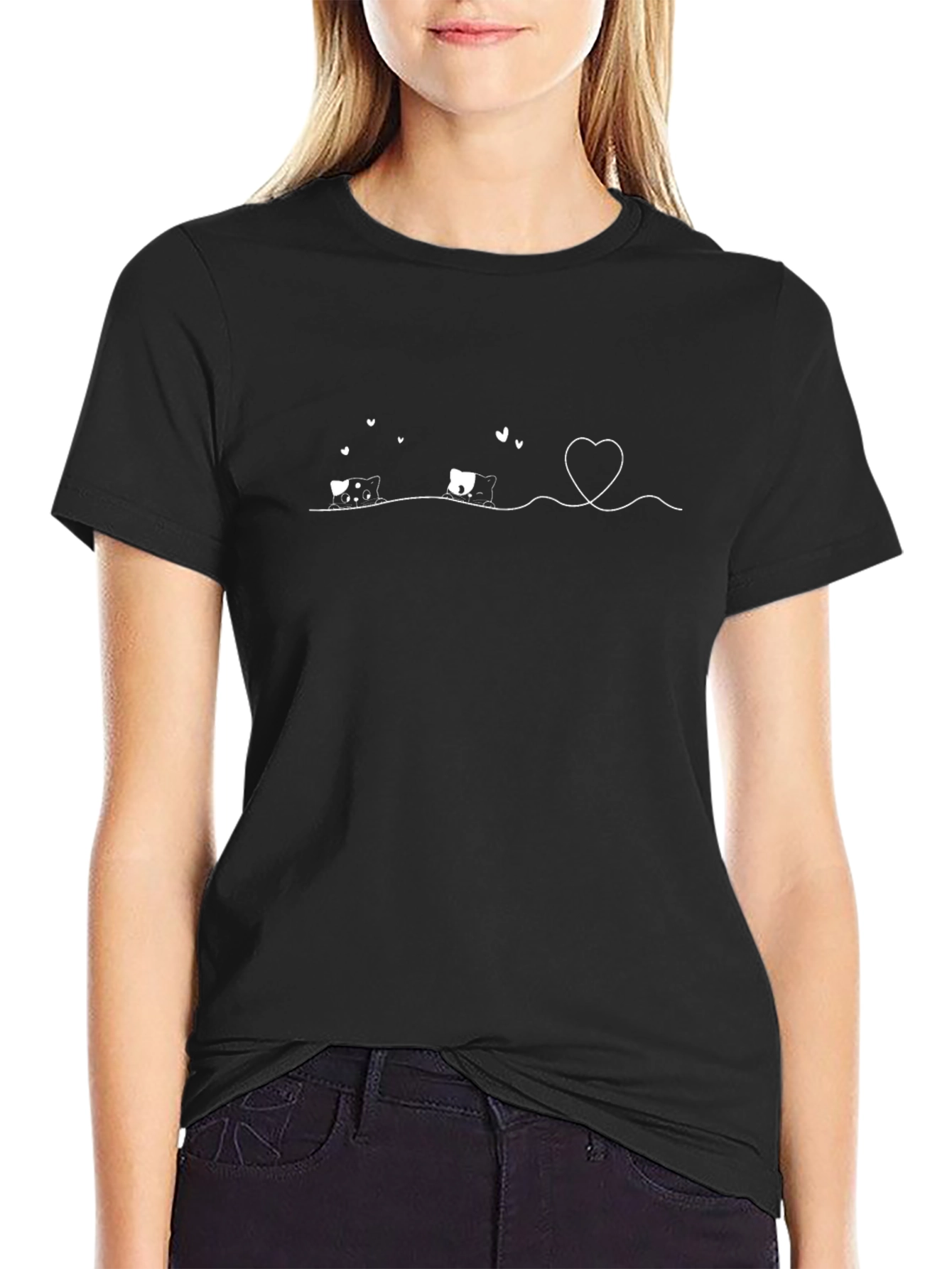 Cute Cats Heart Line Graphic Tee - Black