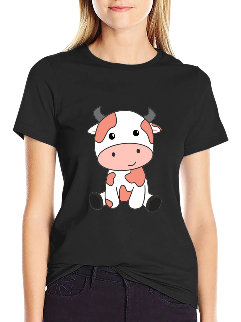 Cute Cow Cartoon Black T-Shirt