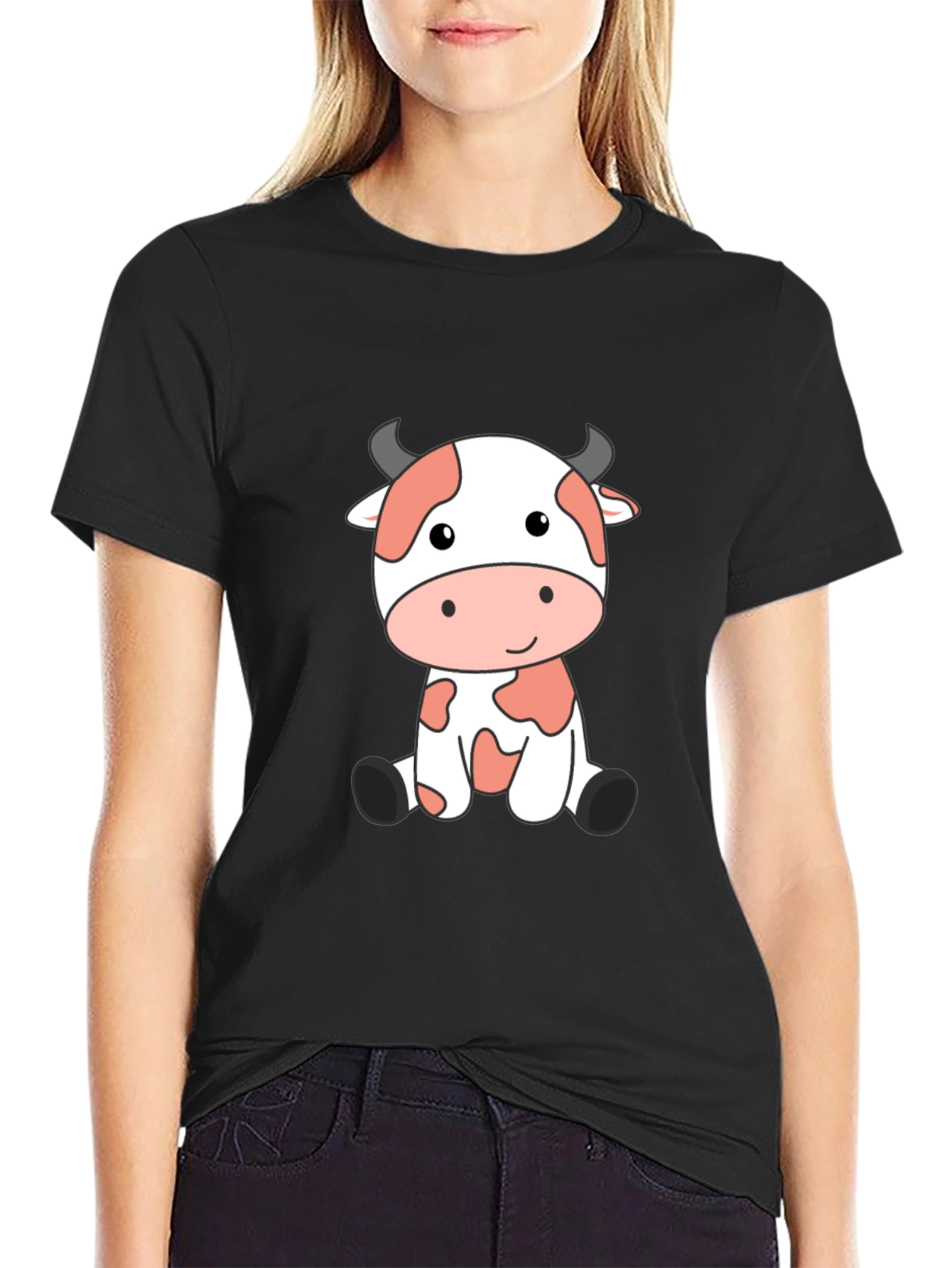 Cute Cow Cartoon Black T-Shirt