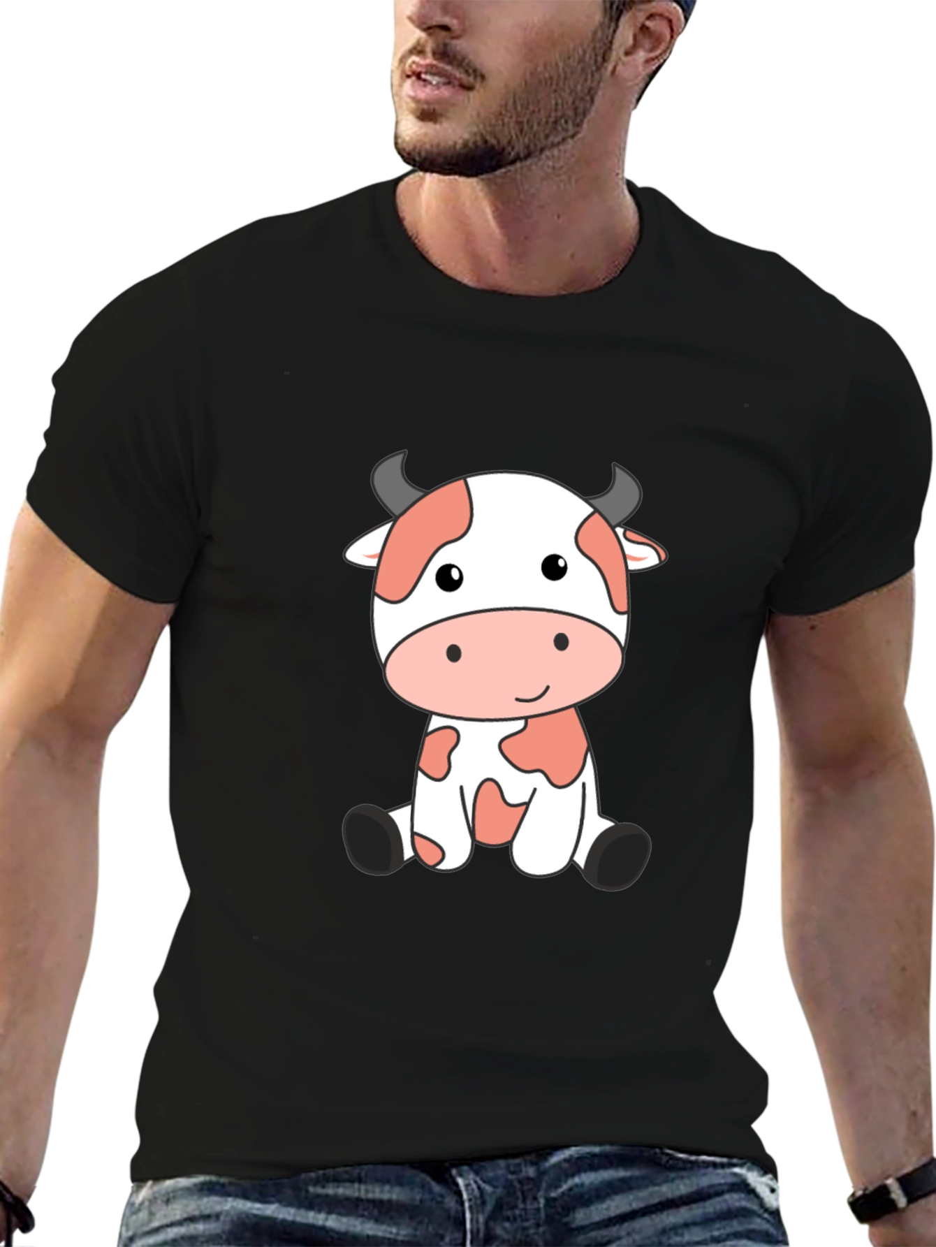 Cute Cow Cartoon Black T-Shirt