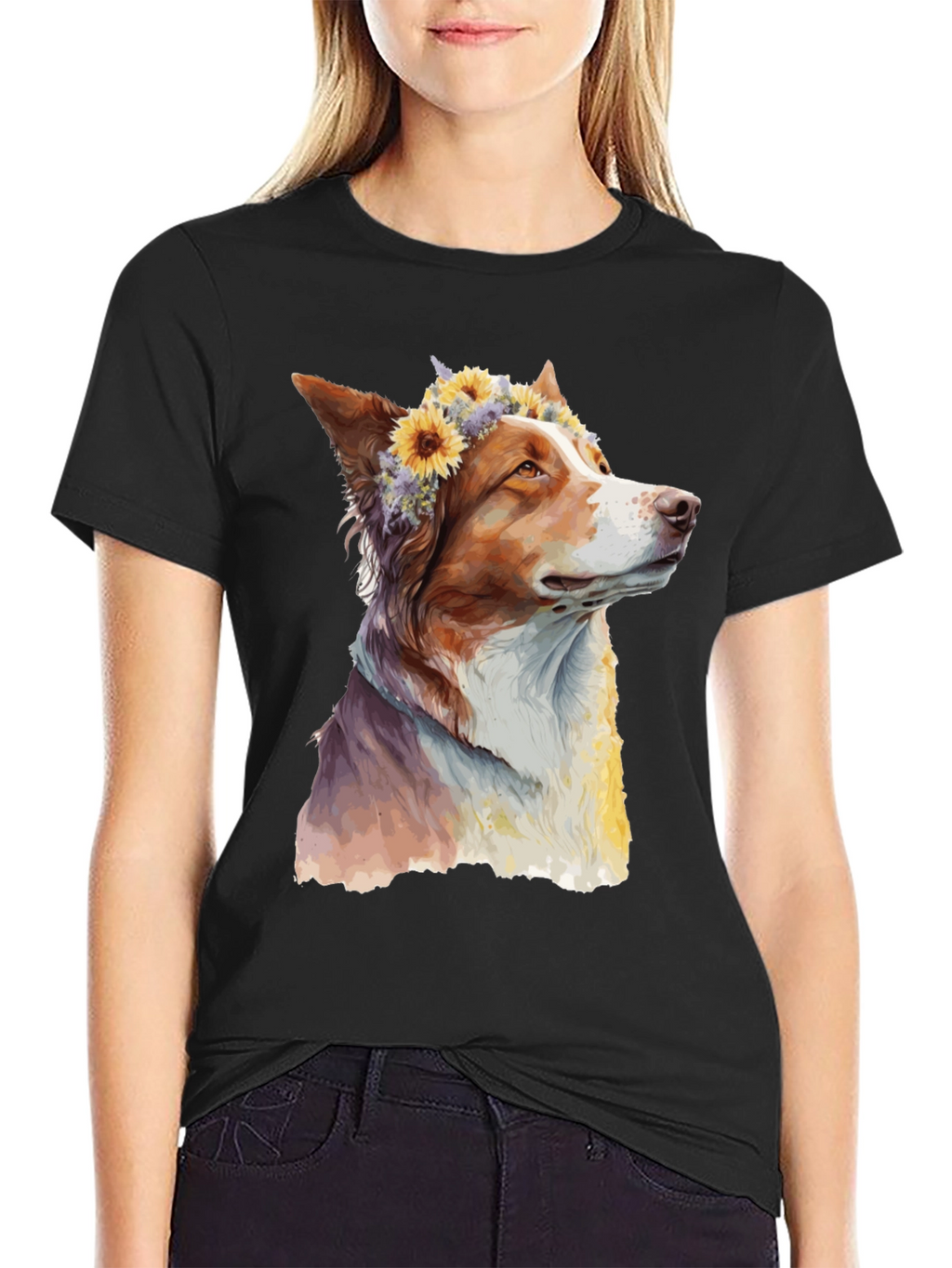 Dog with Flowers Graphic Tee - Artistic Print