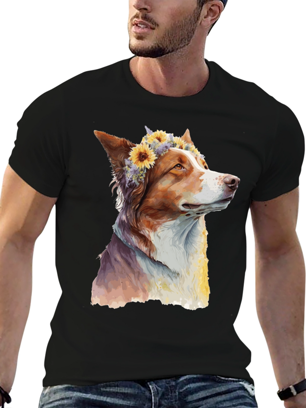 Dog with Flowers Graphic Tee - Artistic Print