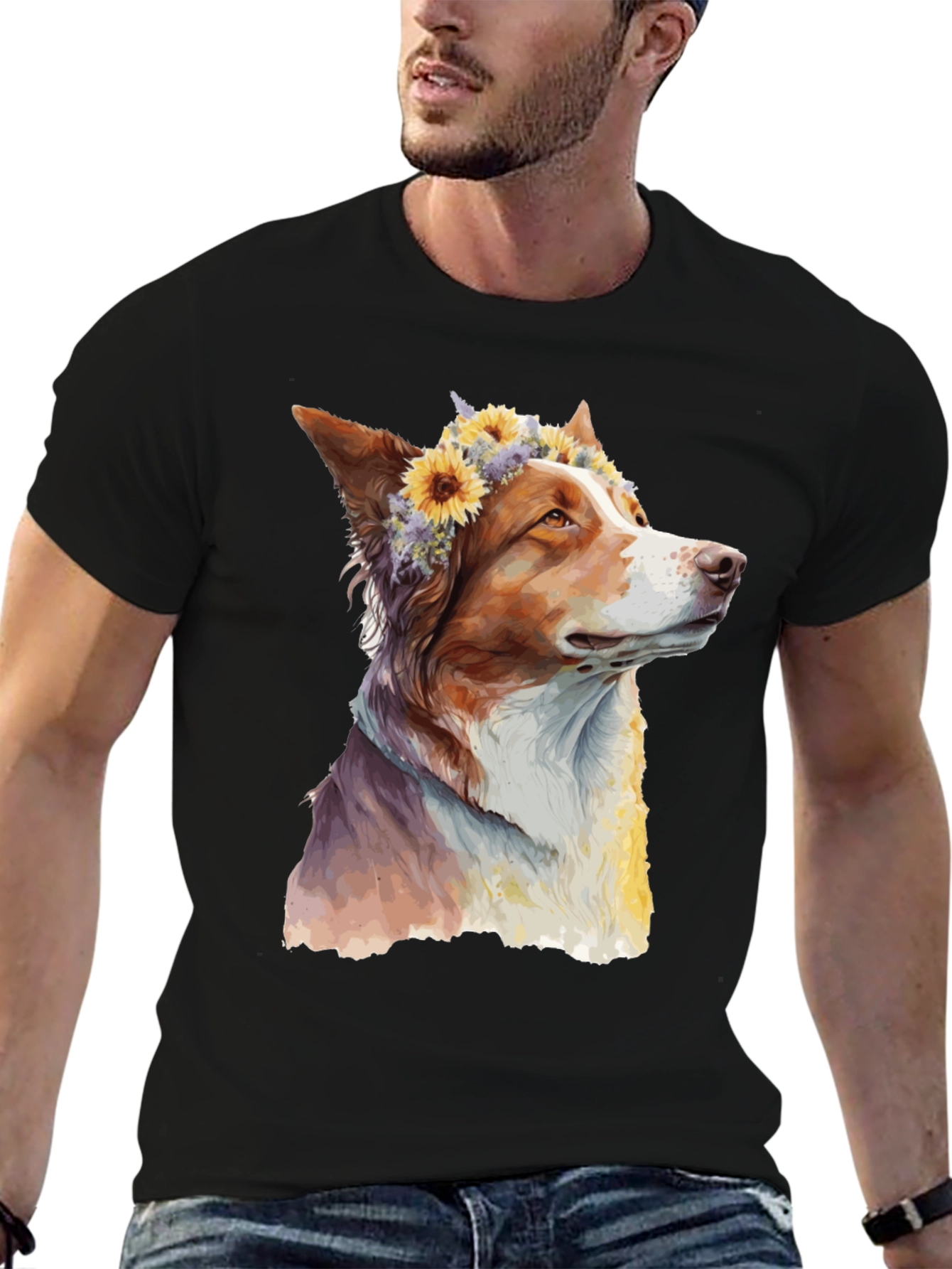 Dog with Flowers Graphic Tee - Artistic Print