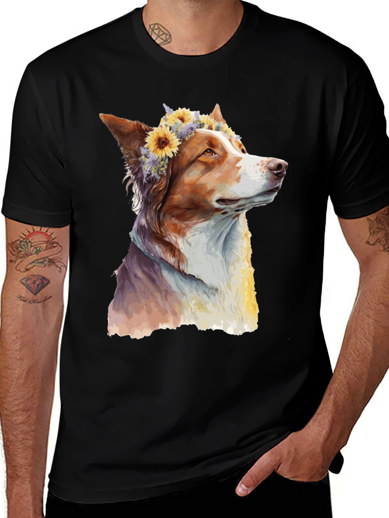 Dog with Flowers Graphic Tee - Artistic Print