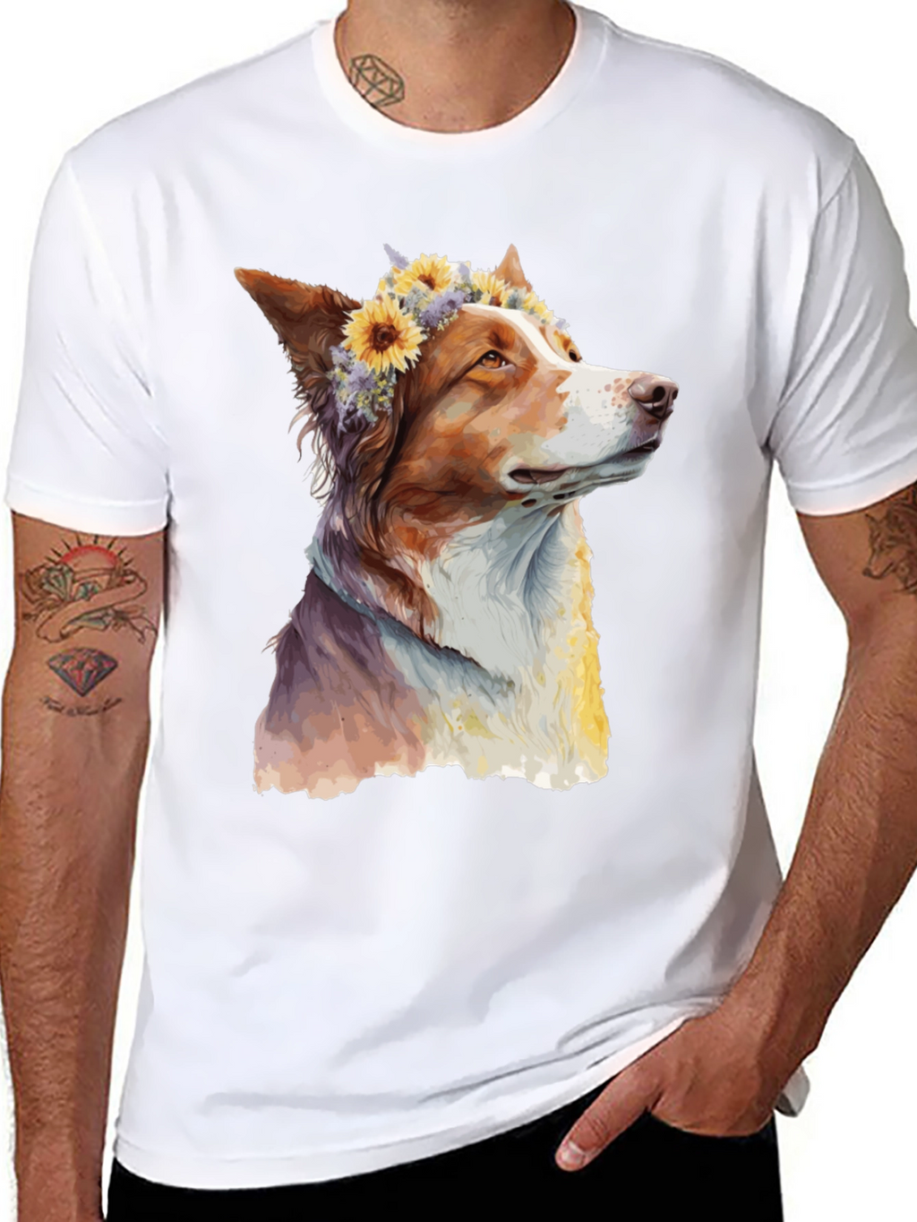 Dog with Flowers Graphic Tee - Artistic Print