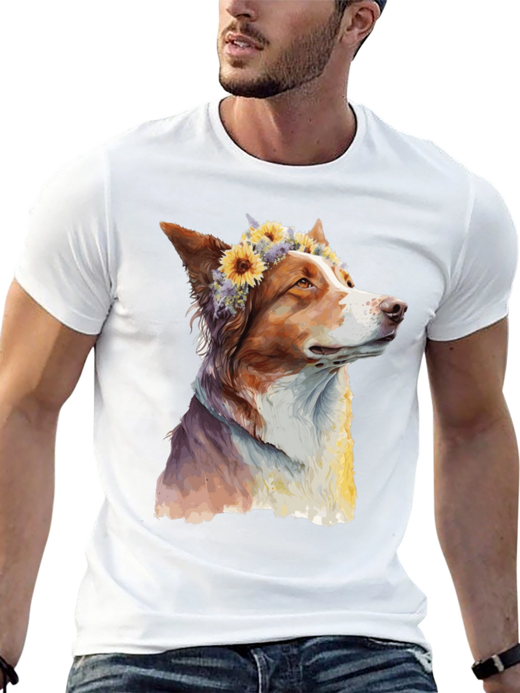 Dog with Flowers Graphic Tee - Artistic Print