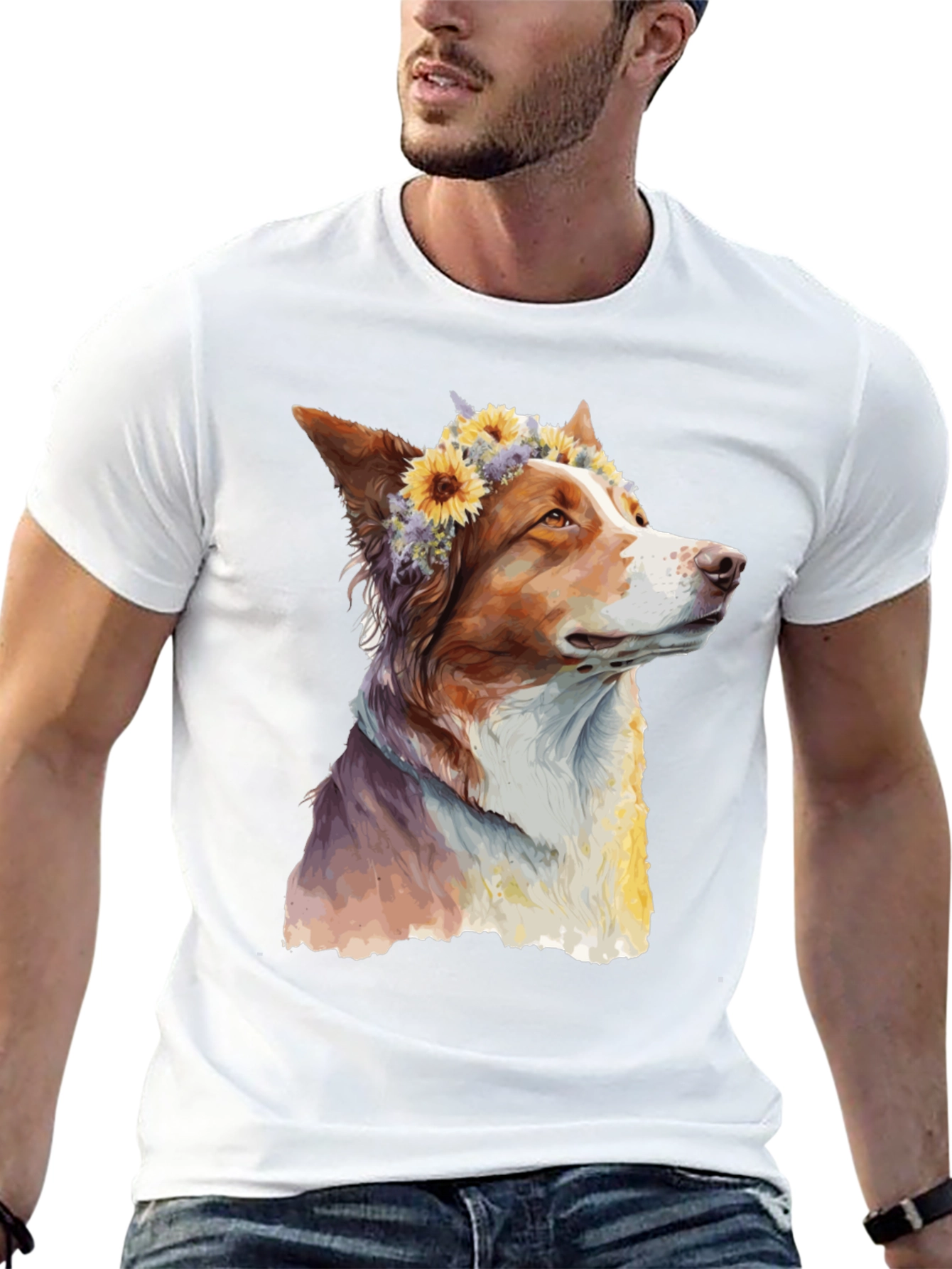 Dog with Flowers Graphic Tee - Artistic Print
