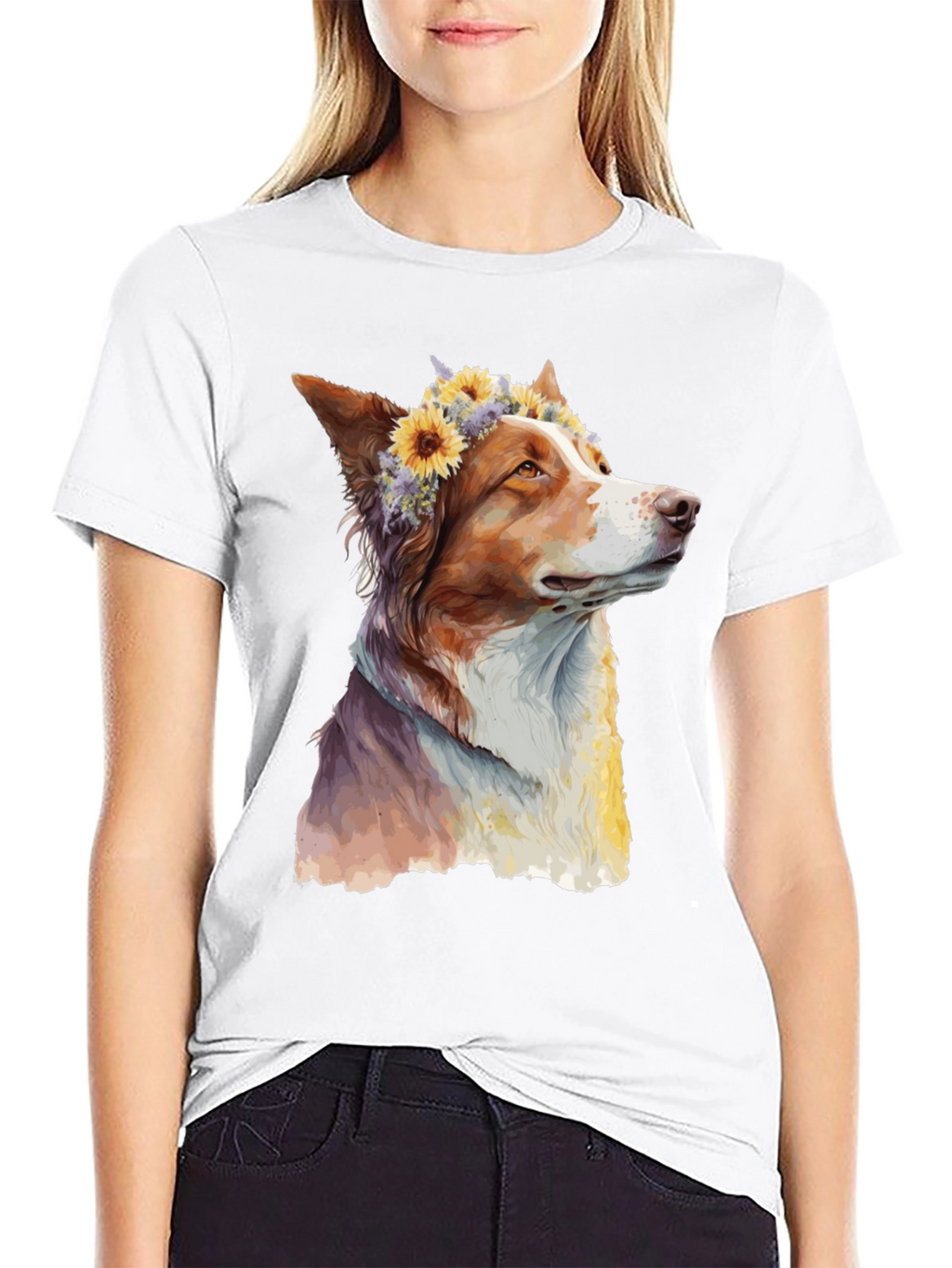 Dog with Flowers Graphic Tee - Artistic Print