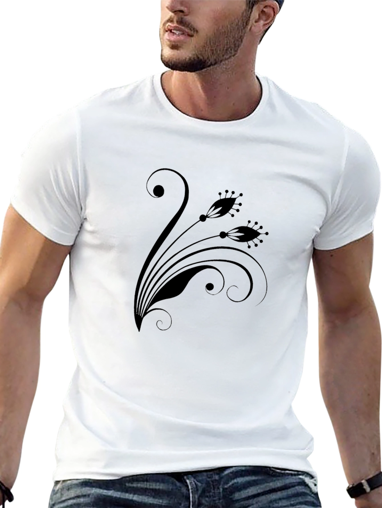 Elegant Black Floral Print Crew Neck T-Shirt