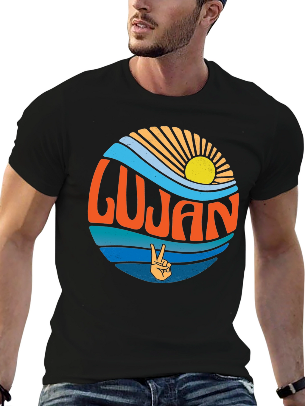 Lujan Retro Sun & Peace Sign Black T-Shirt