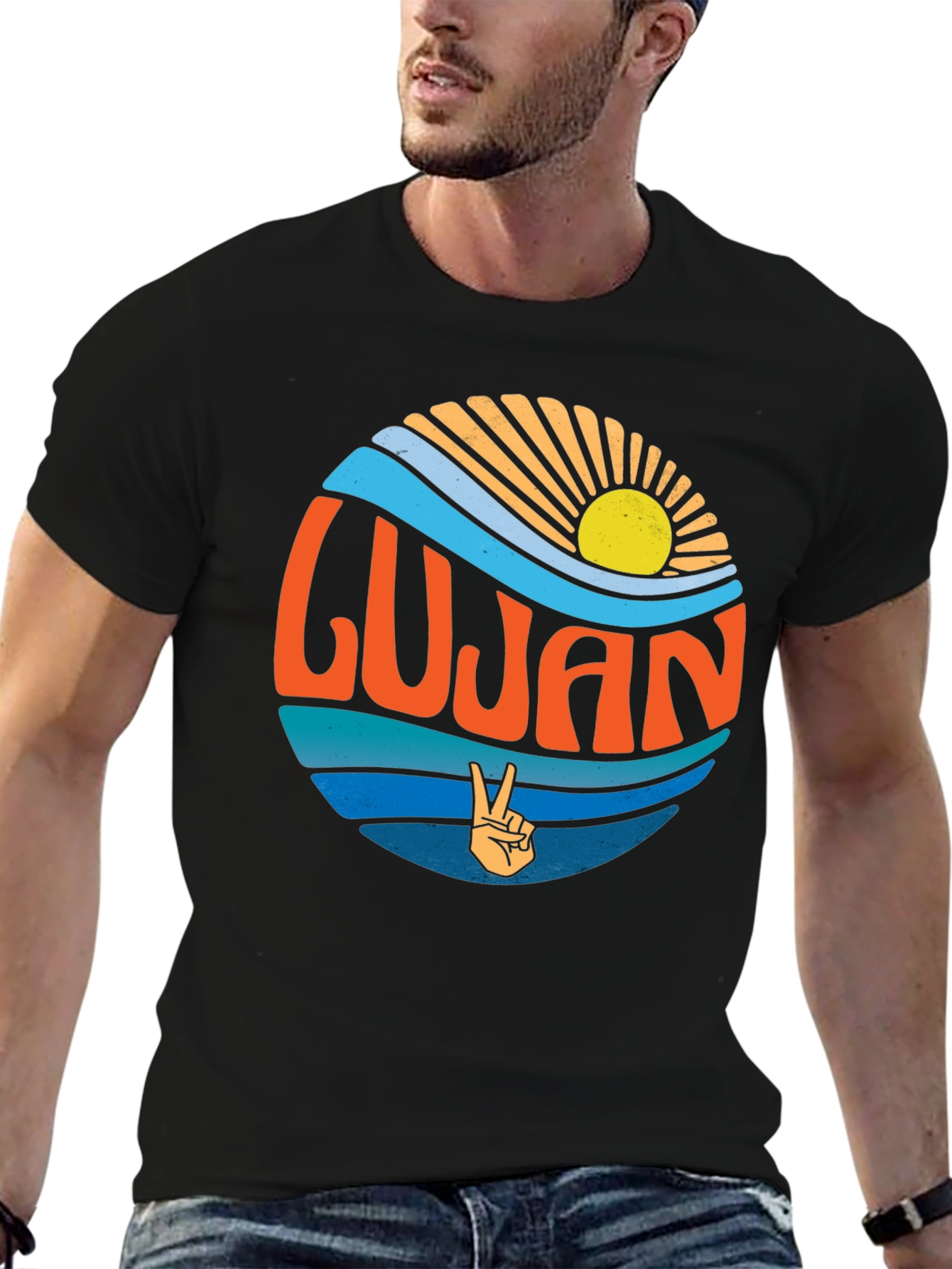 Lujan Retro Sun & Peace Sign Black T-Shirt